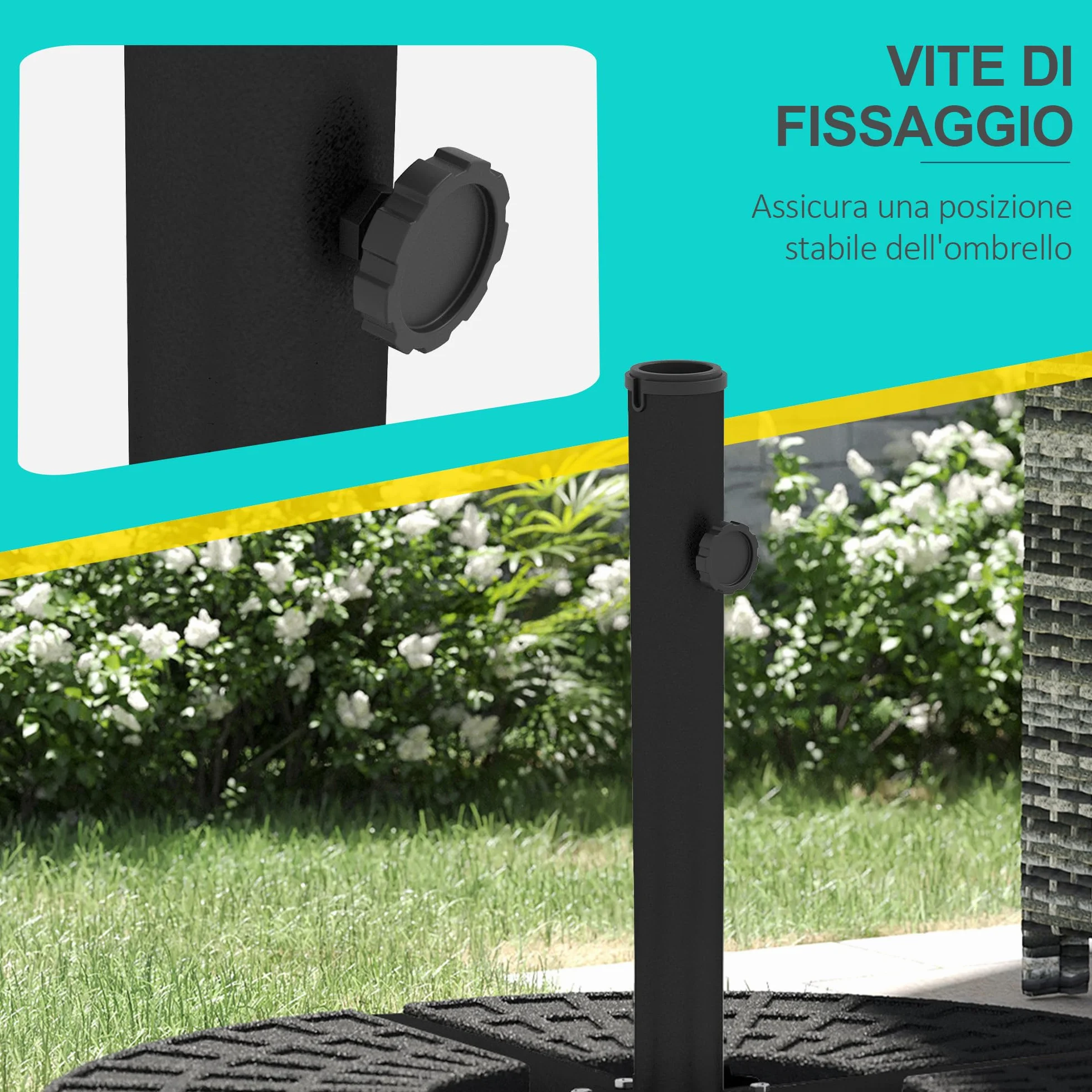 Outsunny Base per Ombrellone a Croce con Vite Laterale, Basamento per Ombrellone in Metallo, per Pali di Ombrelloni da Ø38/48 mm, 100x100x75 cm, Nero