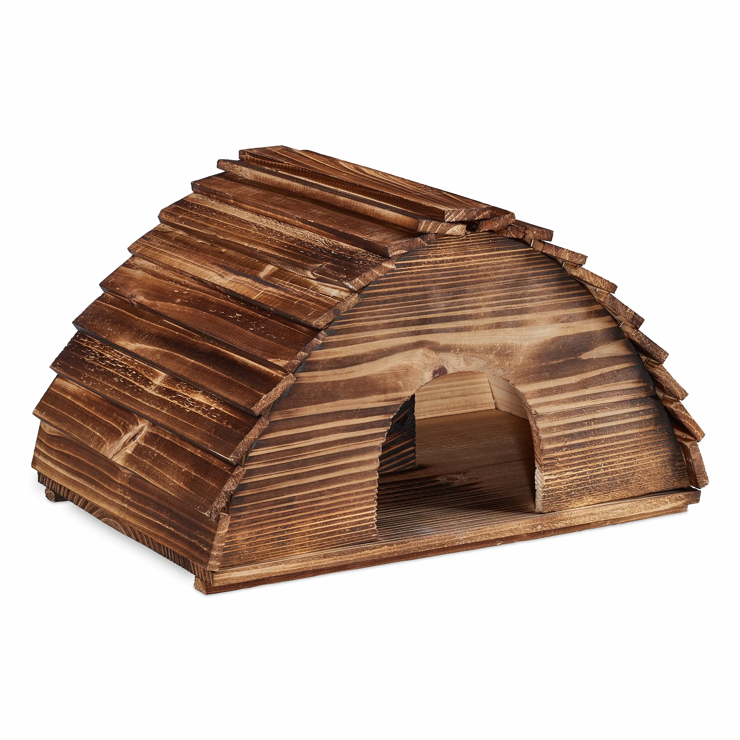 Relaxdays Casetta per Ricci, Legno Fiammato, Rifugio per Porcospini, Giardino, 25x40x30 cm, Tana con Pavimento, Marrone