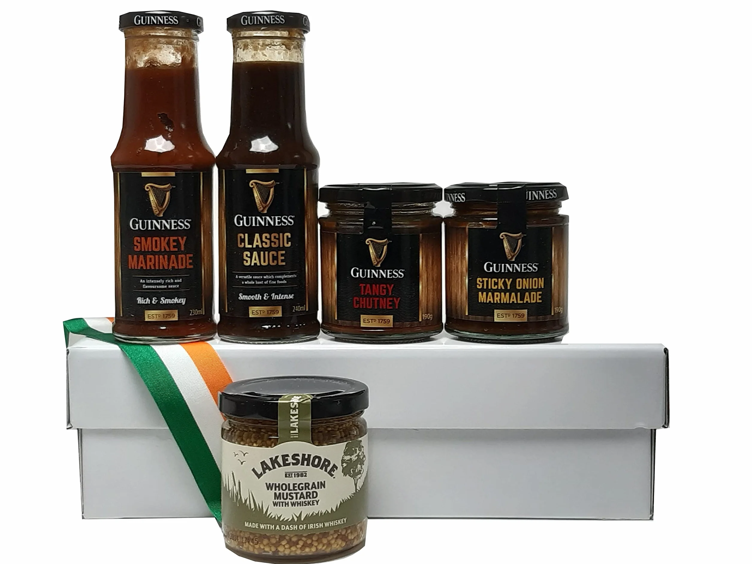 Scatola regalo gourmet irlandese con salsa guinness, marinata e chutney