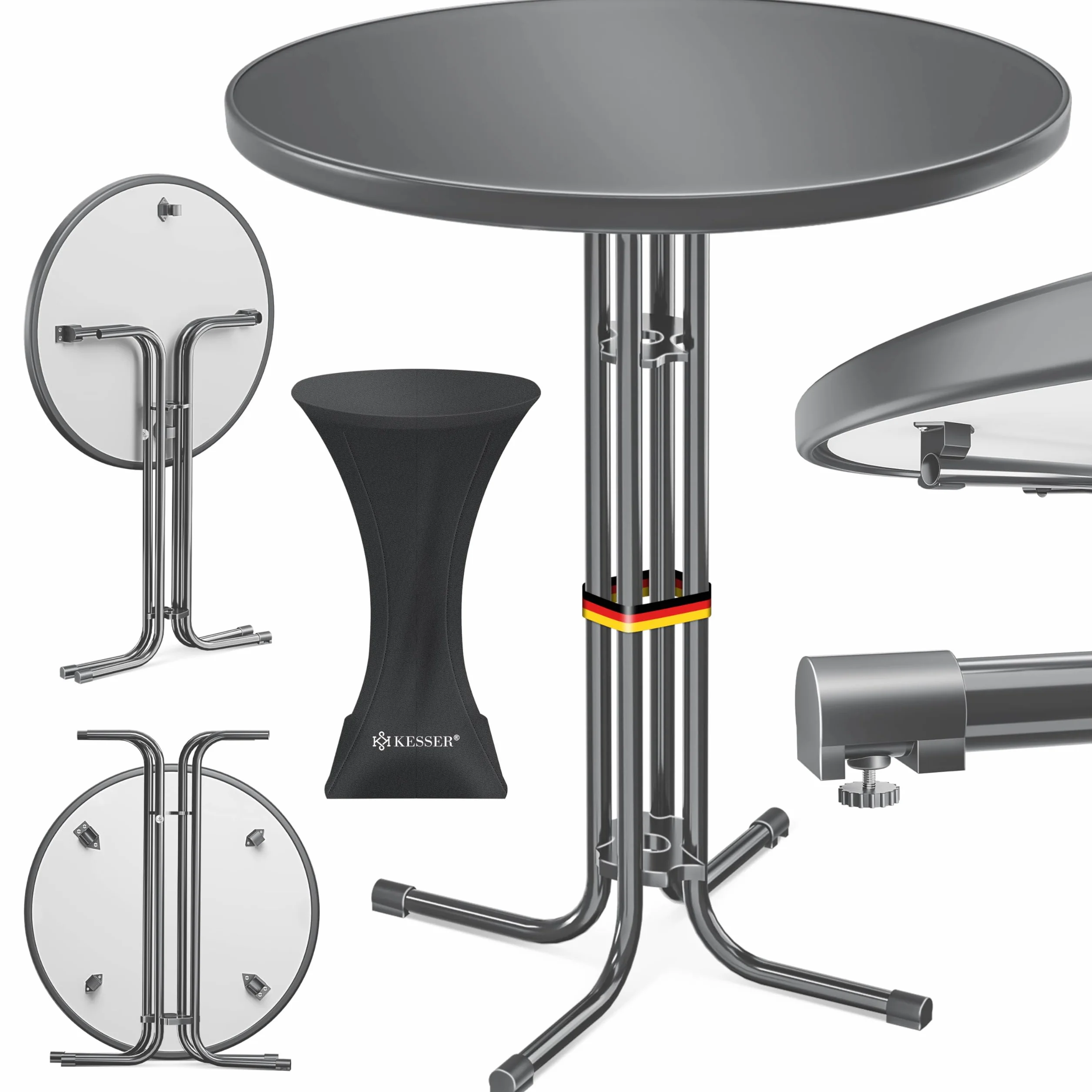 KESSER Gastro Tavolo da bistrot pieghevole, set da 2 pezzi, piastra in acciaio inox verniciato a polvere, piedini regolabili in altezza, tavolo per feste, diametro 60 cm, tavolo da ricevimento per