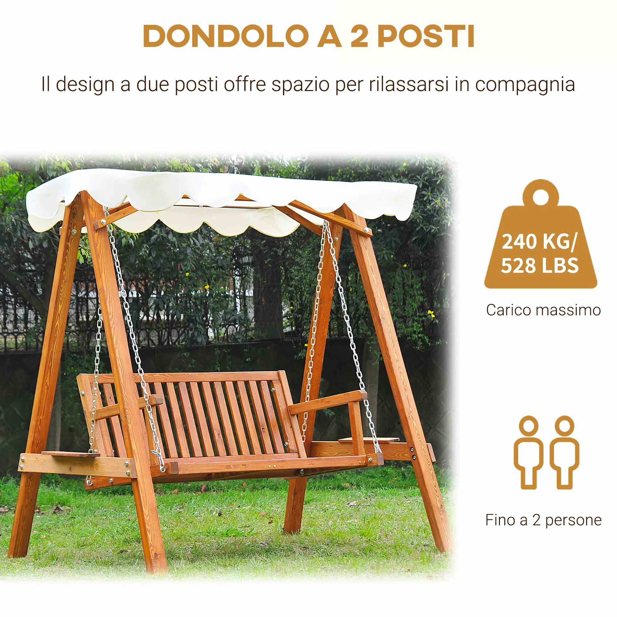 Outsunny Dondolo da Giardino Stile Classico Legno Massello di Pino Conforme alle Norme di FS Tettuccio Parasole in Tessuto di Poliestere con Rivestimento di PA 162x130x185cm 240kg