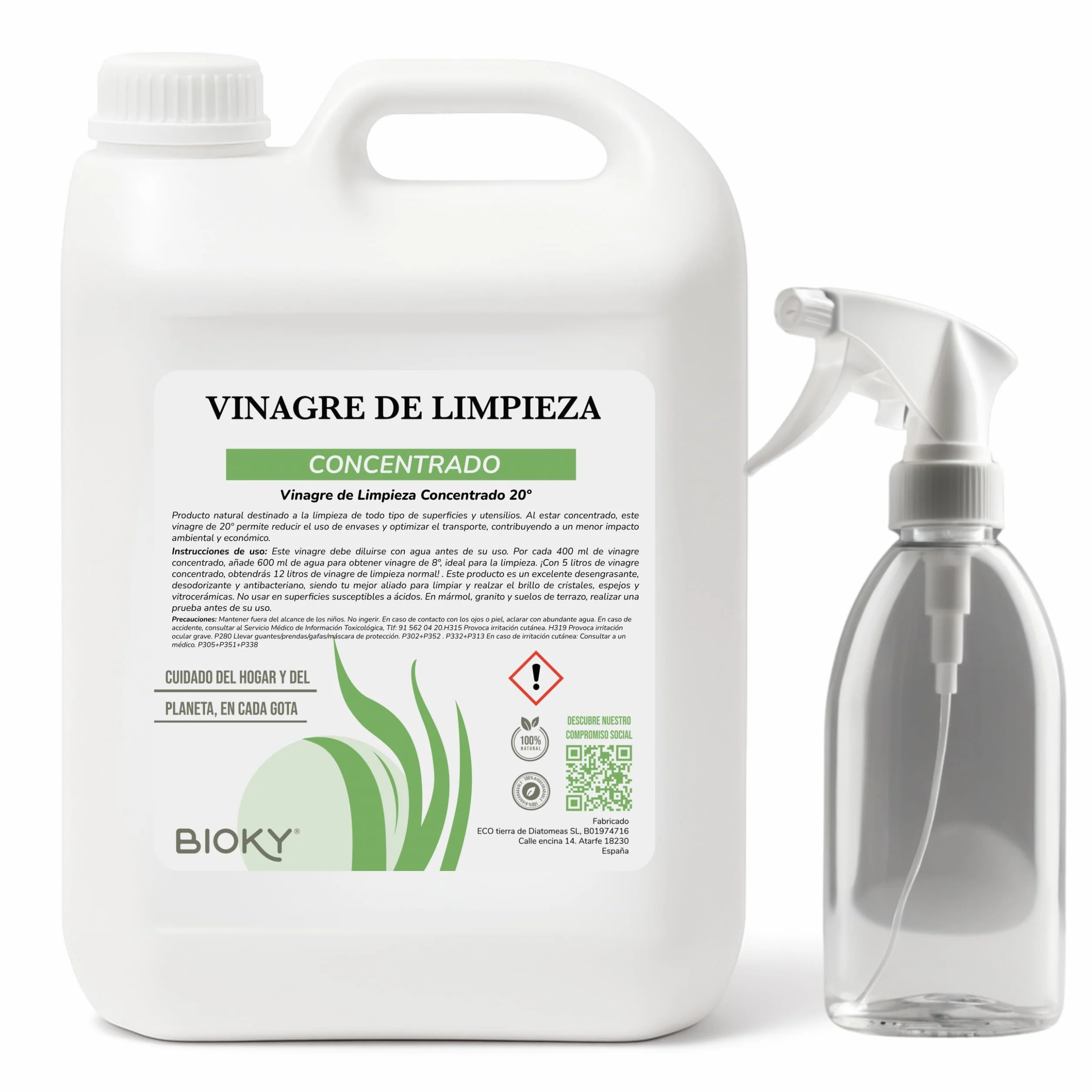 Bioky Aceto Bianco Destillato 20º - Include Flacone Spray - Super Concentrato - Pulizia Multiuso - Formula Economica ed Ecologica (5L)