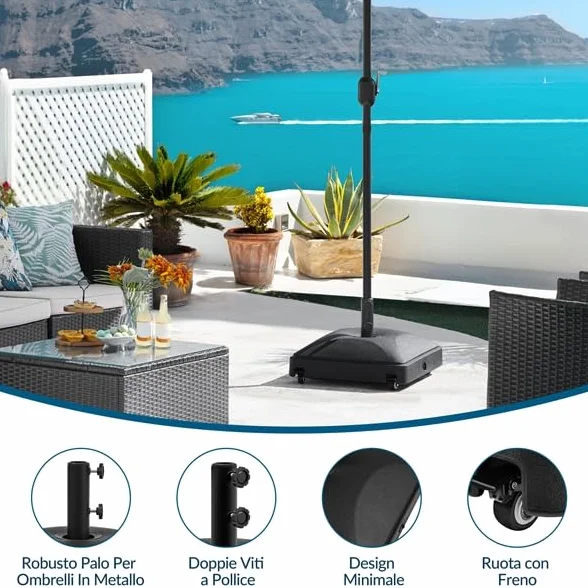 Yaheetech Base per Ombrellone da Giardino con 4 Ruote Riempibile con Sabbia e Acqua 37L in HDPE e Metallo per Pali da Ø38mm e Ø48mm con 2 Manopole Picnic Prato Esterno Nero