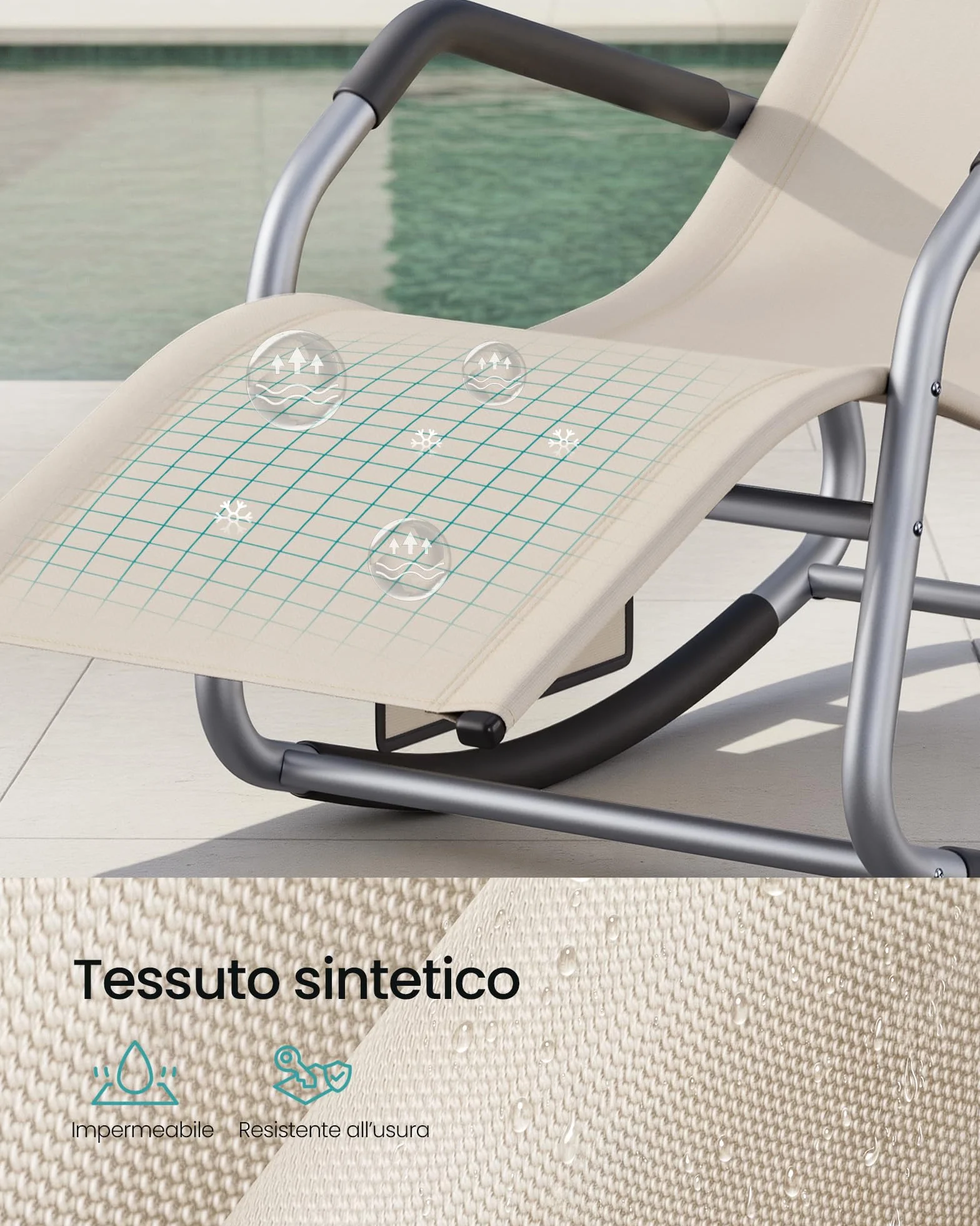 SONGMICS Sedia a Dondolo, Sedia a Sdraio Antiribaltamento, Cuscino Regolabile, Telaio in Acciaio, Tessuto Respirante, Tasca Portaoggetti, 151 x 56,2 x 97,3 cm, Beige GCB230WZ01