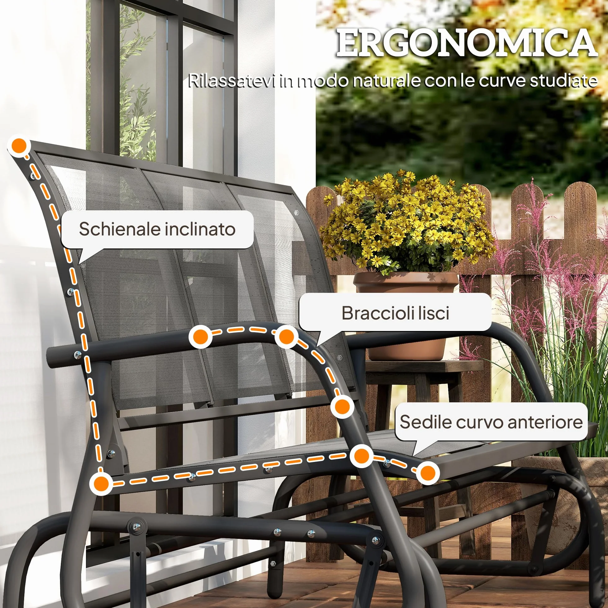 Outsunny Panchina a Dondolo da Giardino a 3 Posti in Metallo e Tessuto a Rete Traspirante, 147x70x85cm, Grigio