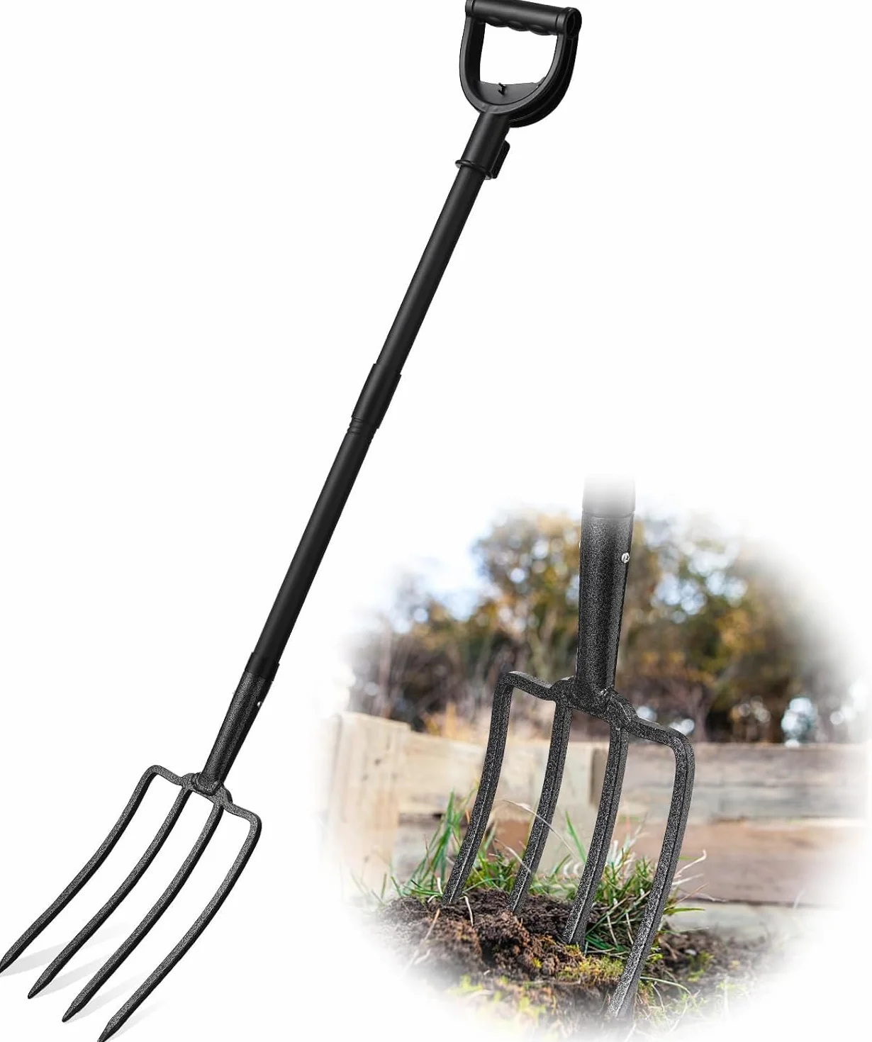 Forca per Vangare, 127cm Forca da Scavo da Giardino a 4 Denti in Acciaio con Manico a D in Metallo, Testa Forgiata 28cm, Ideale per Terreni Duri e Trapianti/Nero