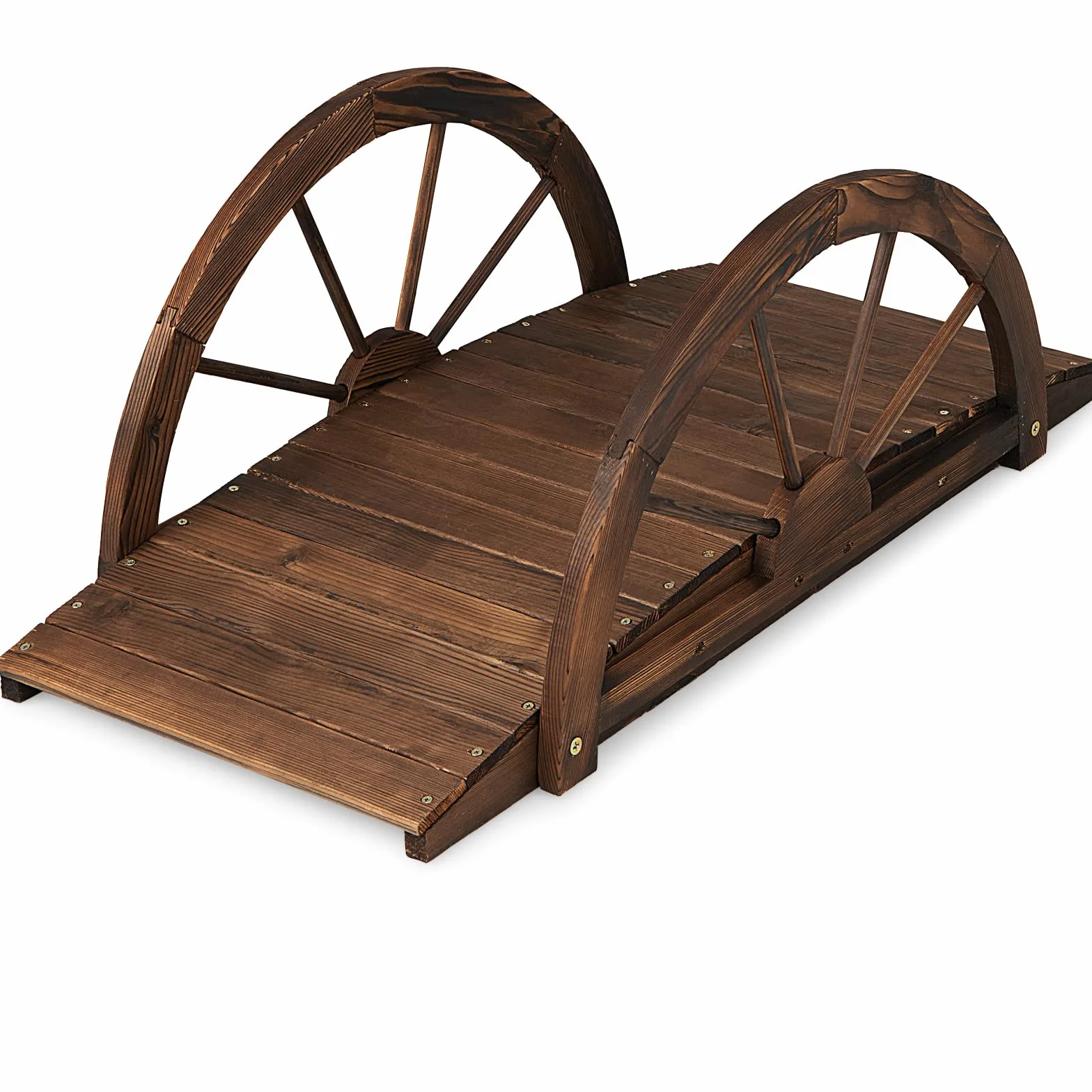 GYMAX Ponte da Giardino in Legno, con Ringhiera di Sicurezza a Forma di Ruota Finitura Tinta, da Esterno per Cortile Giardino Torrente Fattoria, 101,5 x 48,5 x 38 cm