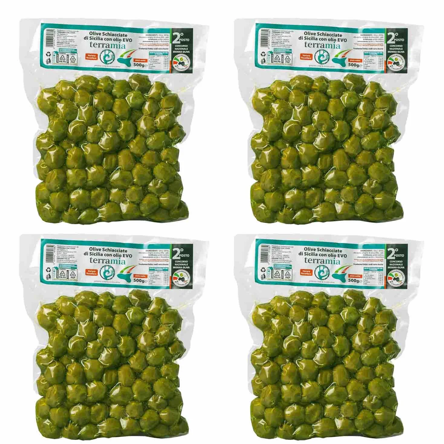 Terramia Olive Verdi di Sicilia "Nocellara" al Naturale in Olio EVO – Prodotto Artigianale da Azienda Premiata Ercole Olivario e Monna Oliva, Formato Scorta 2kg (4 Buste x 500g)