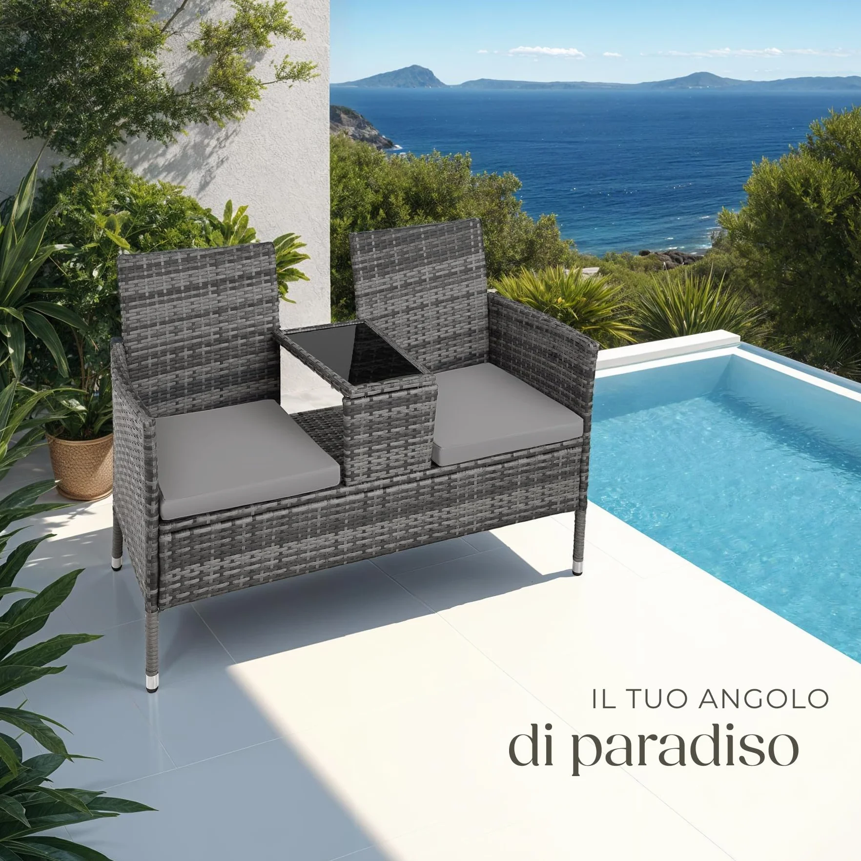 tectake® Panchina da Giardino in Polyrattan con Tavolino Integrato, 133x63x84 cm, Resistente Intemperie, Cuscino Seduta 6 cm, Set Panca da Giardino per 2, per Veranda, Balcone - Grigio/Grigio Chiaro