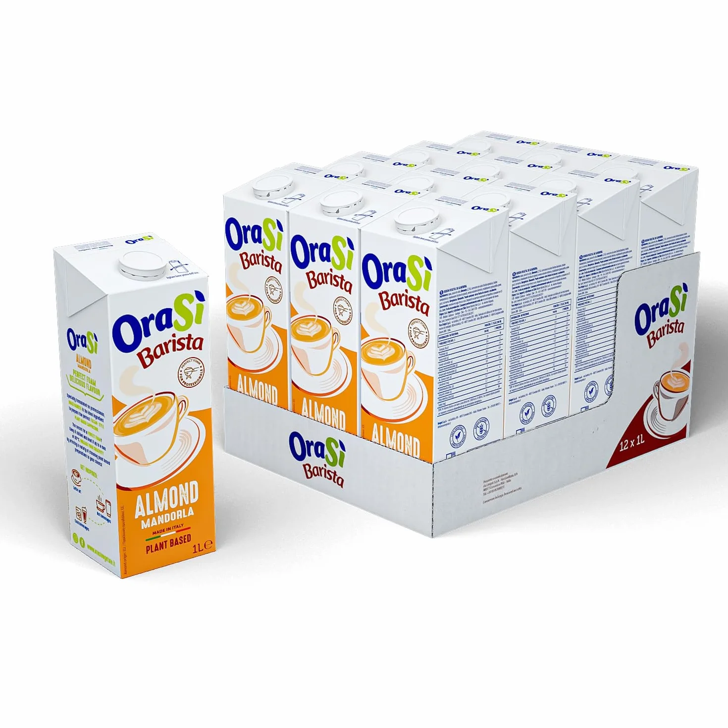 OraSì Barista Almond bevanda di mandorla (1 litro, 12 unità) - Alternativa vegetale al latte con mandorle italiane - Senza glutine - Per cappuccini schiumosi e dieta vegana - Gusto fresco di mandorla