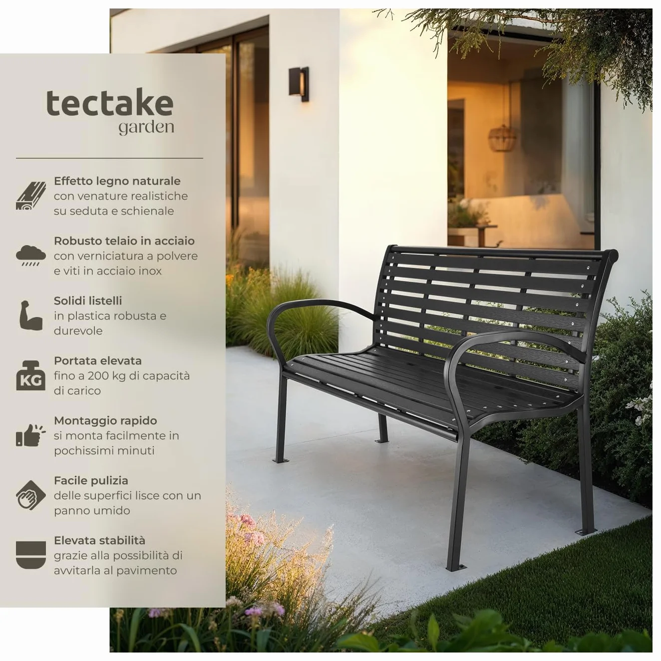 tectake® Panca da Giardino, Panchina da Esterno 3 Posti, Intelaiatura in Acciaio Verniciato, Panca con Schienale, Resistente agli Agenti Atmosferici, 126 x 62 x 81,5cm - Nero