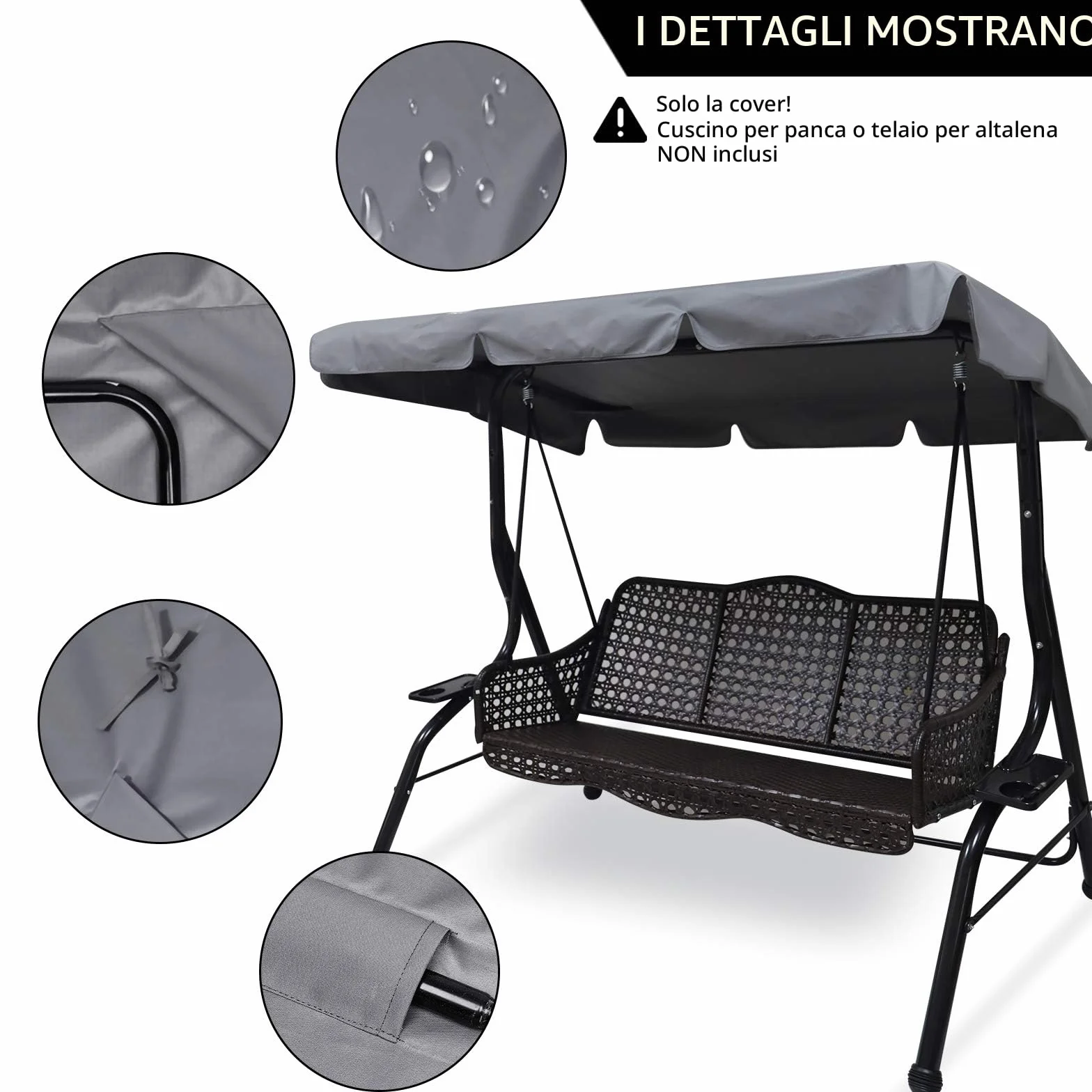 Tetto di ricambio universale per dondolo da giardino a 3 posti, rivestimento di ricambio per tettuccio parasole, altalena (large, grigio) (Grigio, L)
