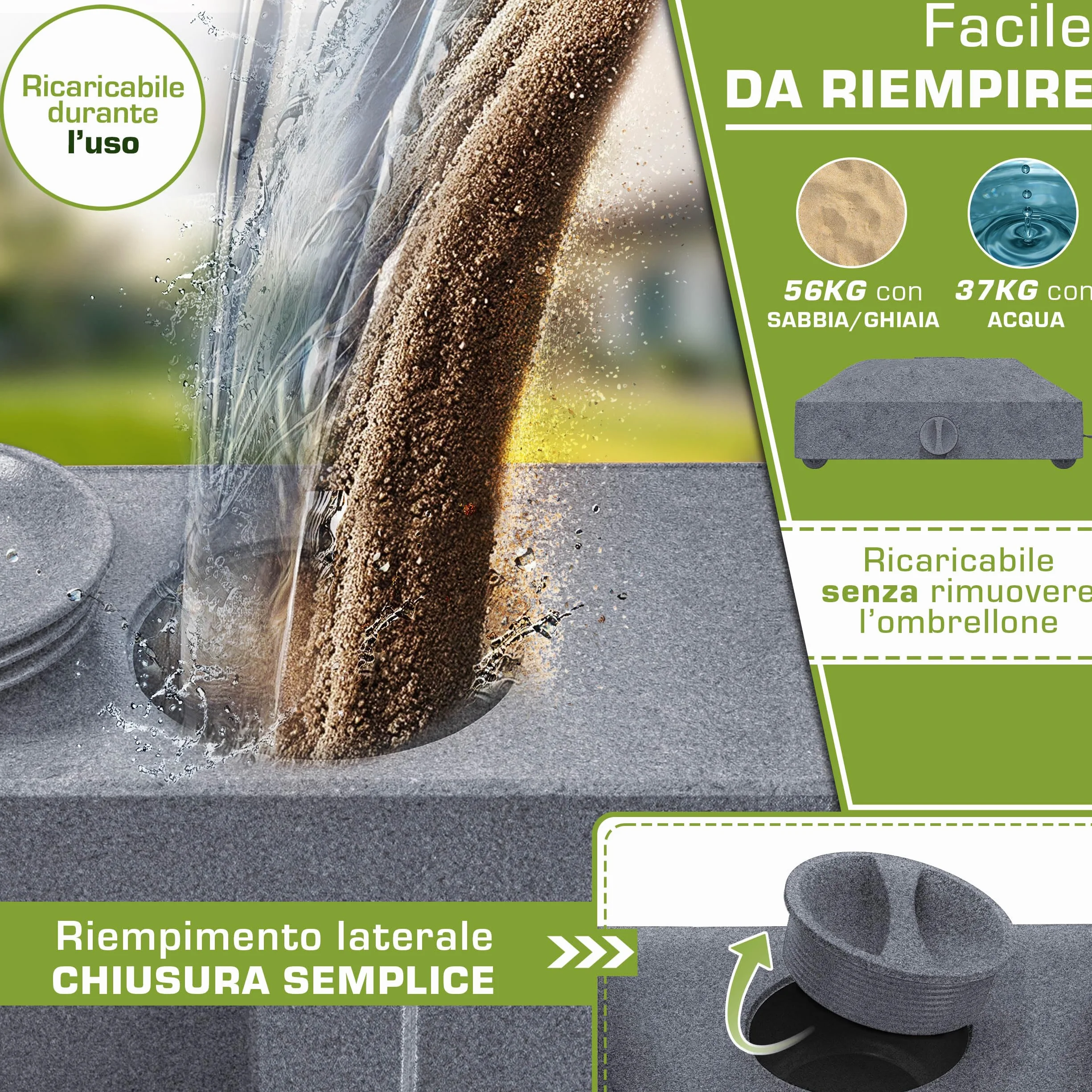 tillvex® Base per ombrellone GRAVIA e Ruote e Freni | Zavorra ombrellone riempibile 37L/56kg | Piedistallo per ombrelloni Giardino e Mercato Ø1,8-3,7m | Resistente a intemperie e UV (Effetto Granito)