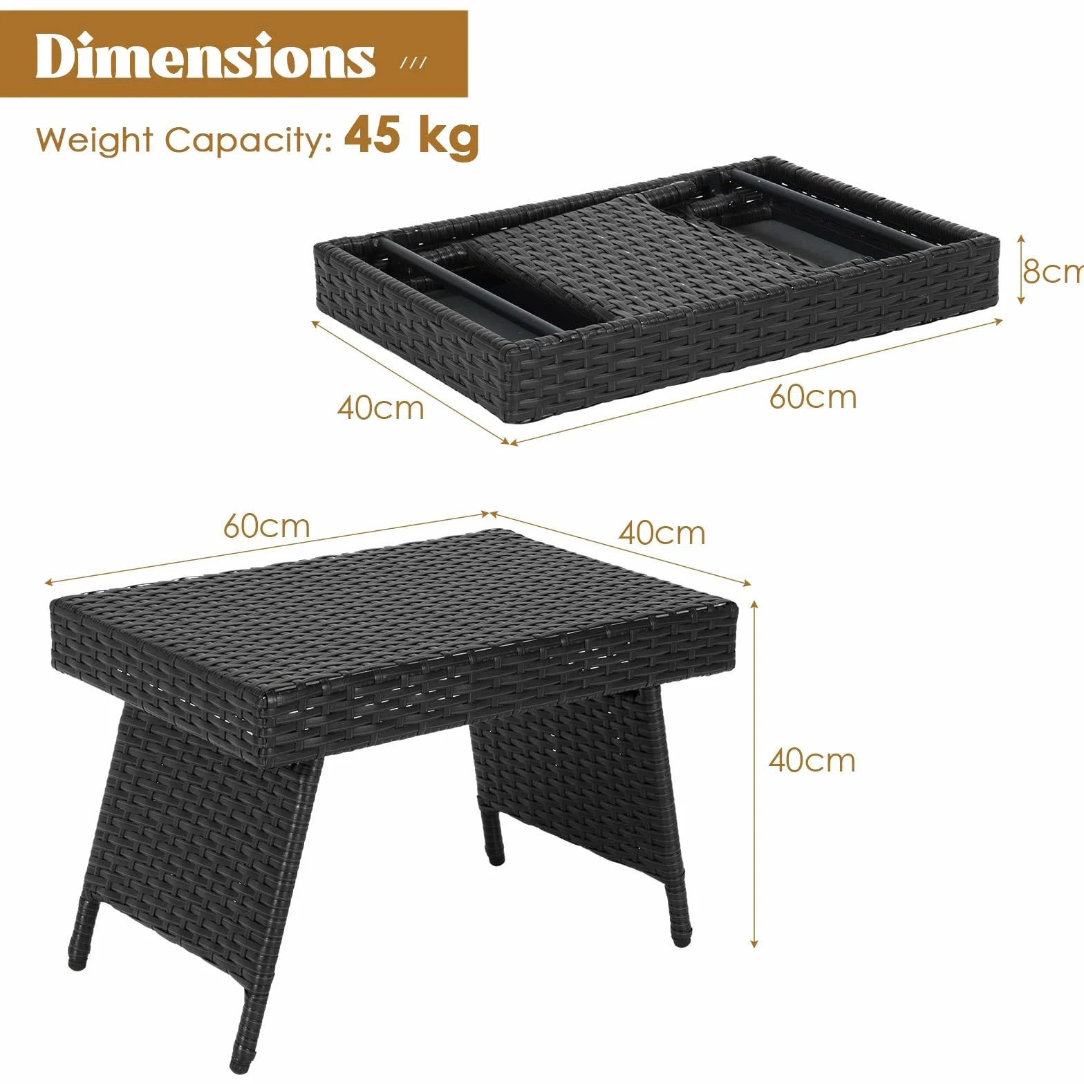 LIFEZEAL Tavolino da salotto pieghevole in rattan, tavolino da esterno con struttura in acciaio 60 x 40 x 40 cm, tavolo da giardino con capacità di carico di 45 kg (nero)