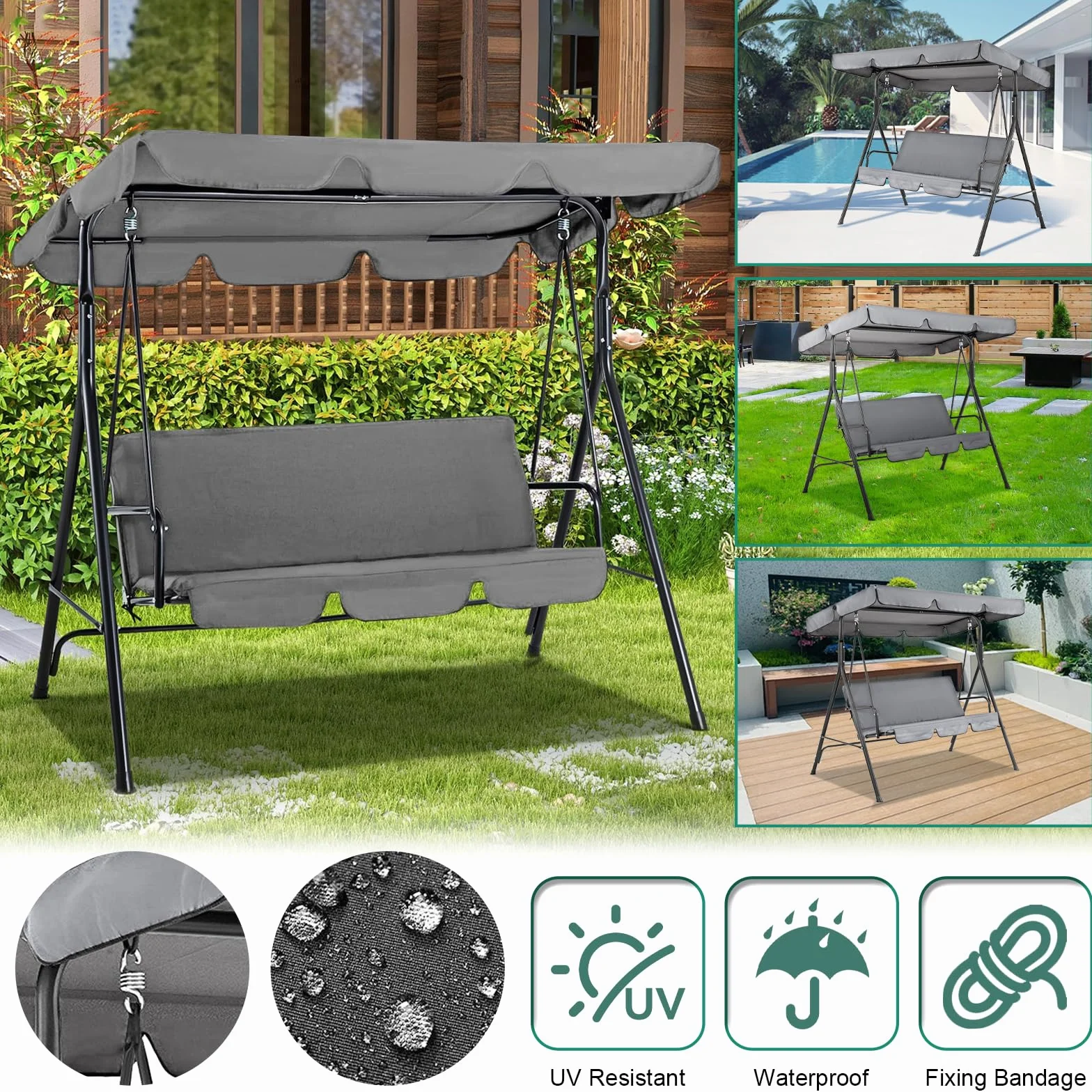 Tettuccio per Dondolo 195 X 125cm Tetto di Ricambio per Dondolo da Giardino,Copertura di Ricambio Impermeabile per parasole di ricambio,Impermeabile Antistrappo,Copertura di Ricambio per Dondolo