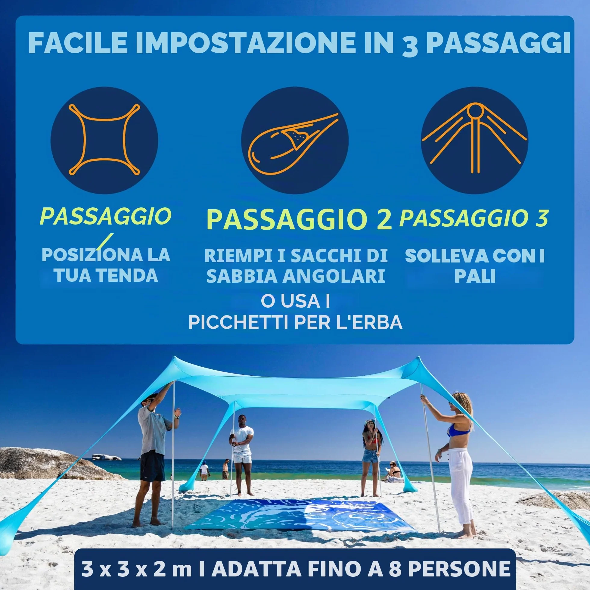 SUN NINJA Tenda da Spiaggia Portatile - Tenda da Sole per Mare - Parasole Pop Up Grande per Campeggio e Picnic - Protezione UV UPF 50+ - Borsa e Accessori Inclusi