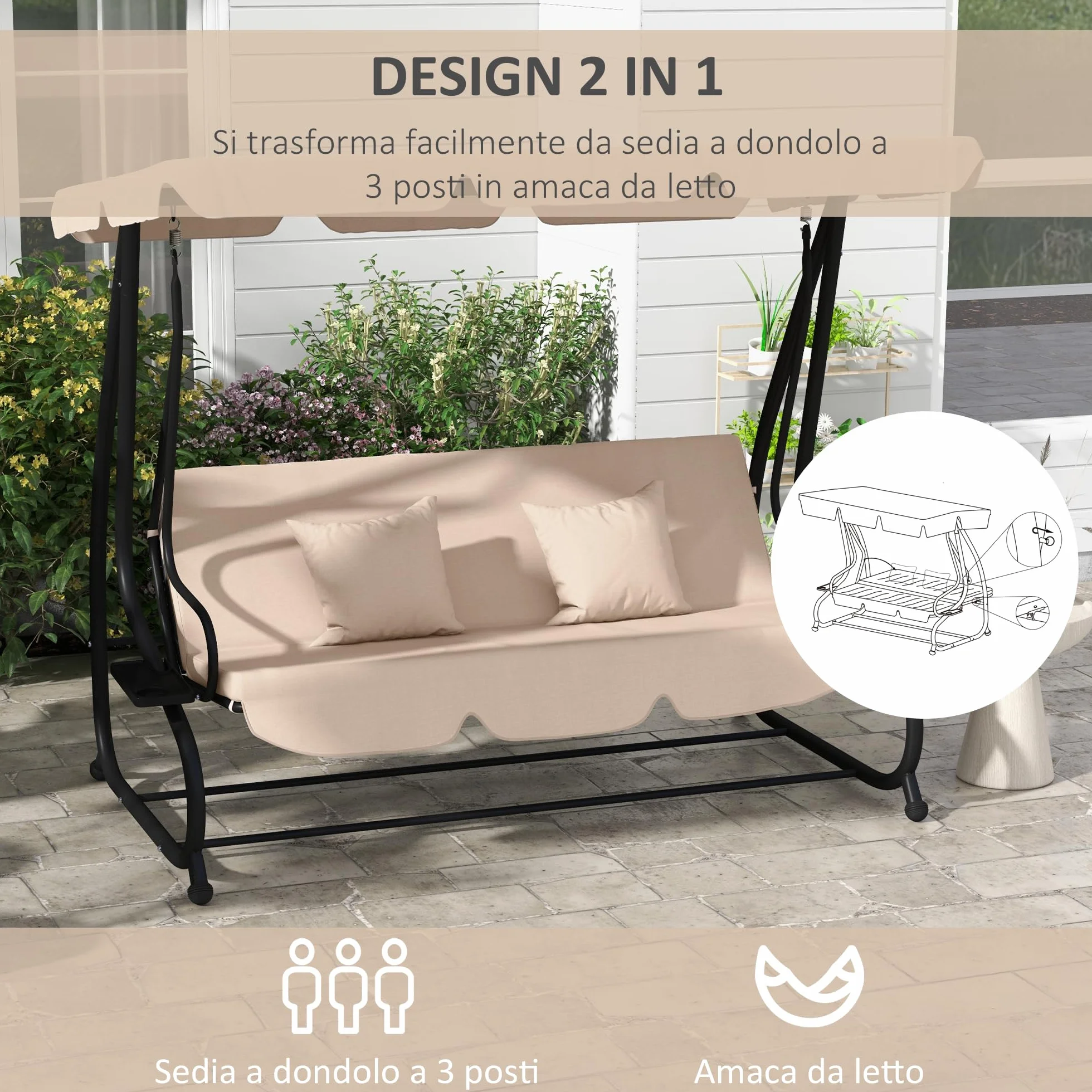 Outsunny Dondolo da Giardino 3 Posti Convertibile in Letto con Tetto Regolabile e Portabicchieri, Dondolo da Esterno in Acciaio e Poliestere, 200x120x164 cm, Marrone Chiaro