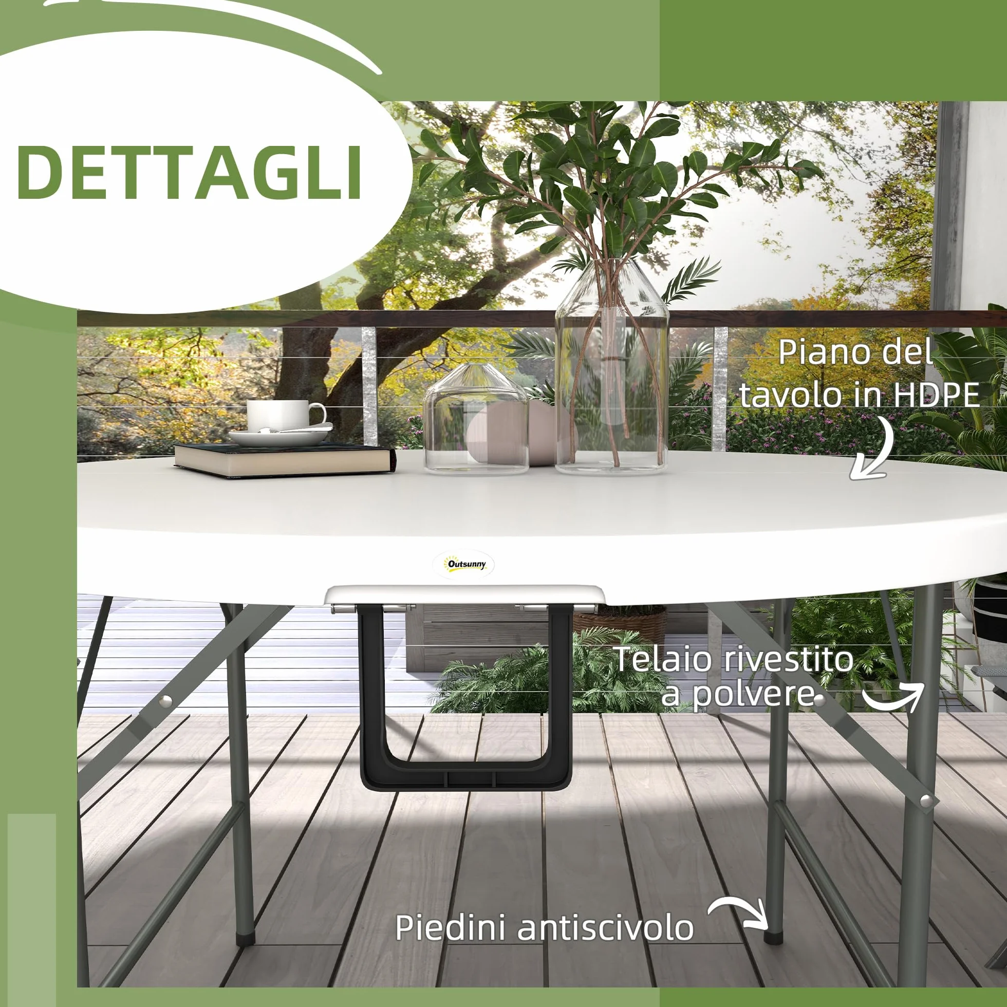 Outsunny Tavolo Pieghevole per Giardino, Balcone e Campeggio, Tavolo Rotondo in Acciaio e HDPE, Ø122x73 cm, Grigio e Bianco