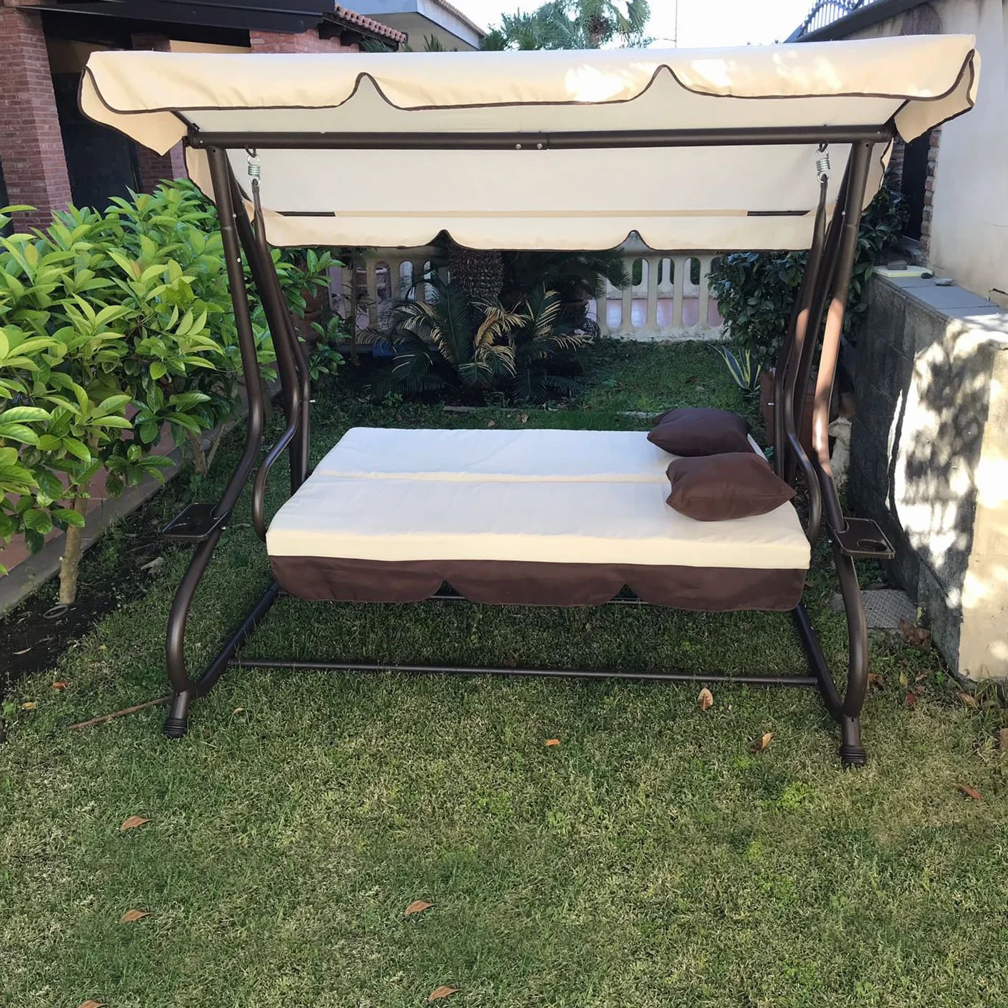 FP-TECH DONDOLO DA GIARDINO 3 POSTI CON TETTO PARASOLE DIVANO LETTO ALTALENA INCLINABILE, TESSUTO, METALLO