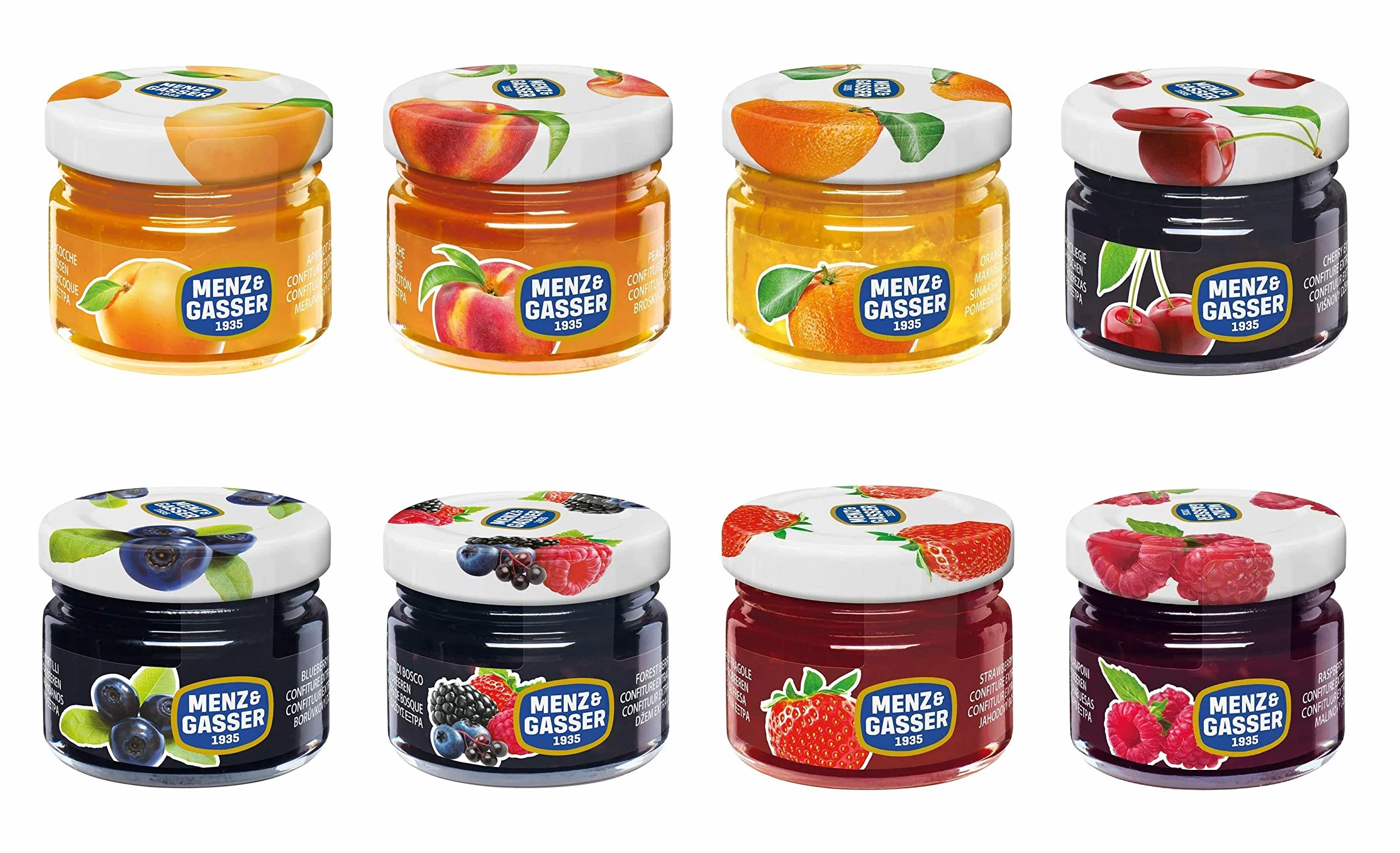 Menz&Gasser - Marmellatine Extra Monodose Assortite 40 Pezzi x 28 Grammi in Barattolini di Vetro Monoporzione. Assortimento di 8 Gusti