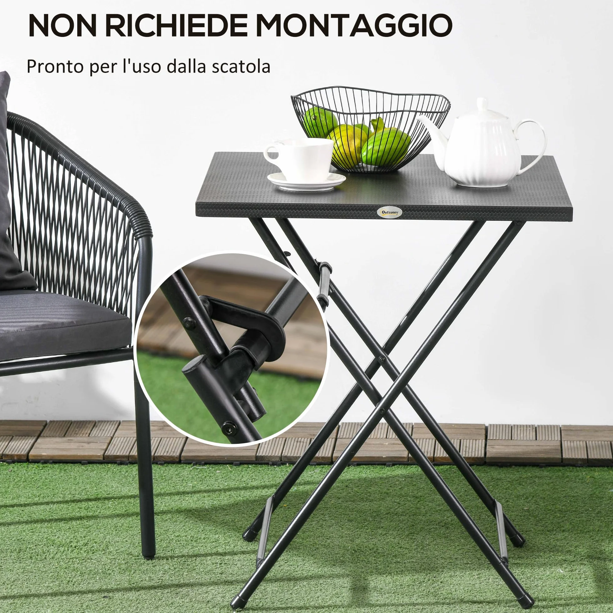 Outsunny Tavolino Pieghevole Quadrato con Piedini Antiscivolo, Tavolino da Esterni in Acciaio, 60x60x71 cm, Nero