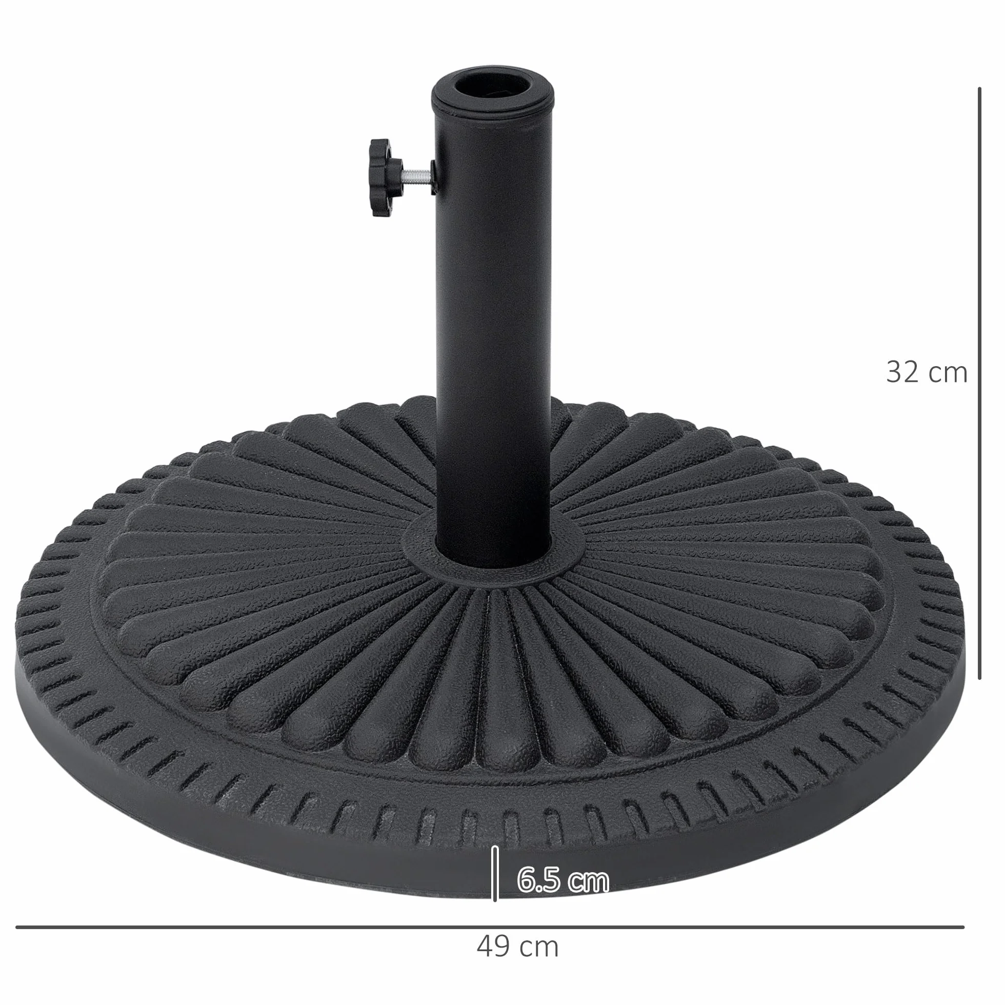 Outsunny Base per Ombrellone Rotonda in HDPE e Cemento con Decorazione, Basamento per Ombrellone da 14kg con Supporto per Pali da Ø35/38/48mm, per Giardino Balcone, Nero