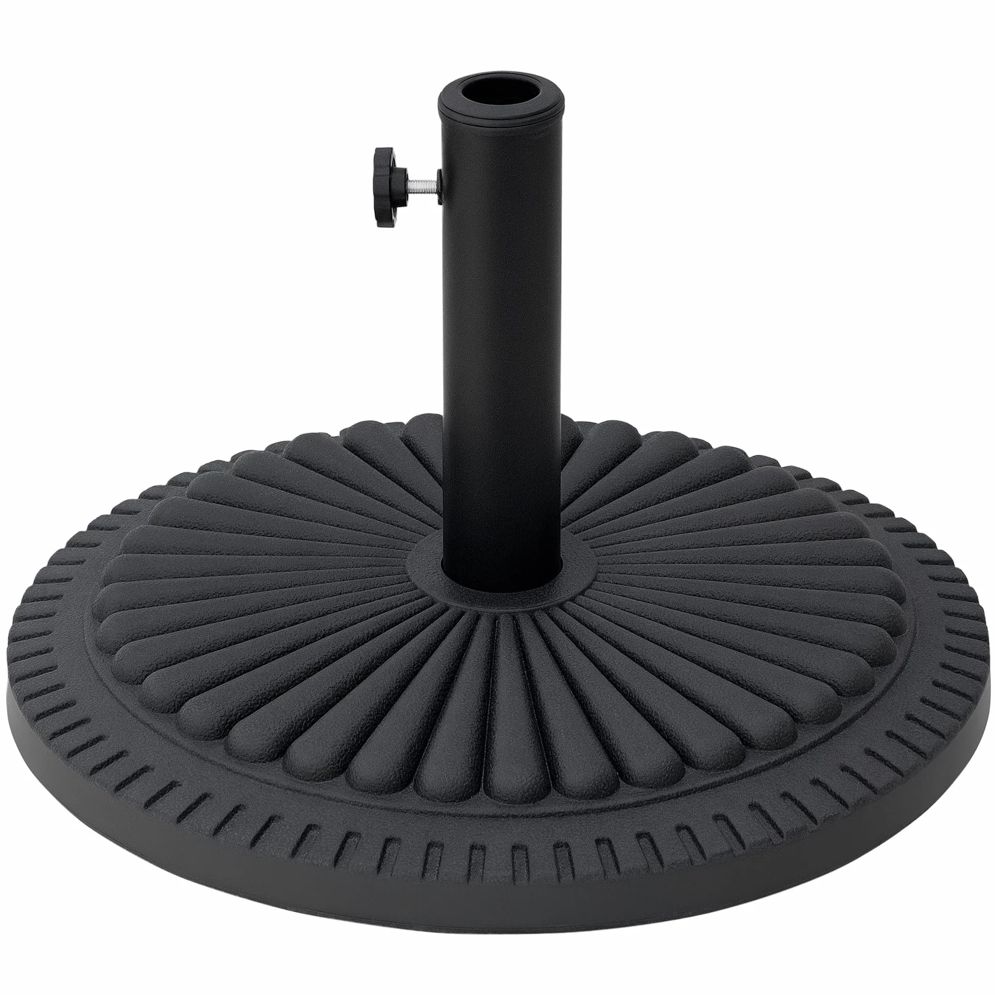 Outsunny Base per Ombrellone Rotonda in HDPE e Cemento con Decorazione, Basamento per Ombrellone da 14kg con Supporto per Pali da Ø35/38/48mm, per Giardino Balcone, Nero