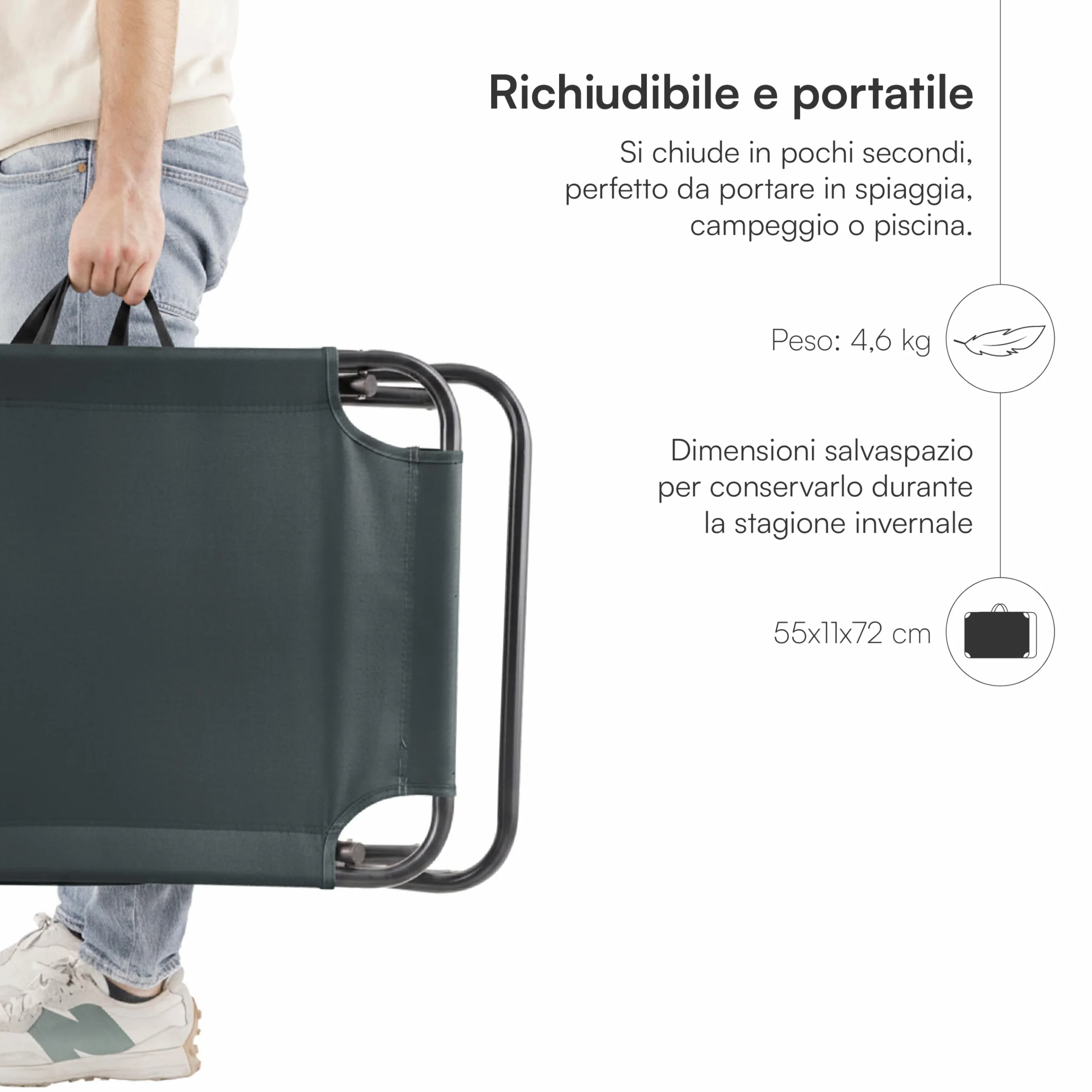 Baroni Home Sedia a Sdraio Pieghevole Reclinabile con Parasole Regolabile 360° e Cuscino Removibile, Lettino Prendisole in Metallo con Tessuto Idrorepellente, Portata 110 Kg, 186x55x24 cm Grigio