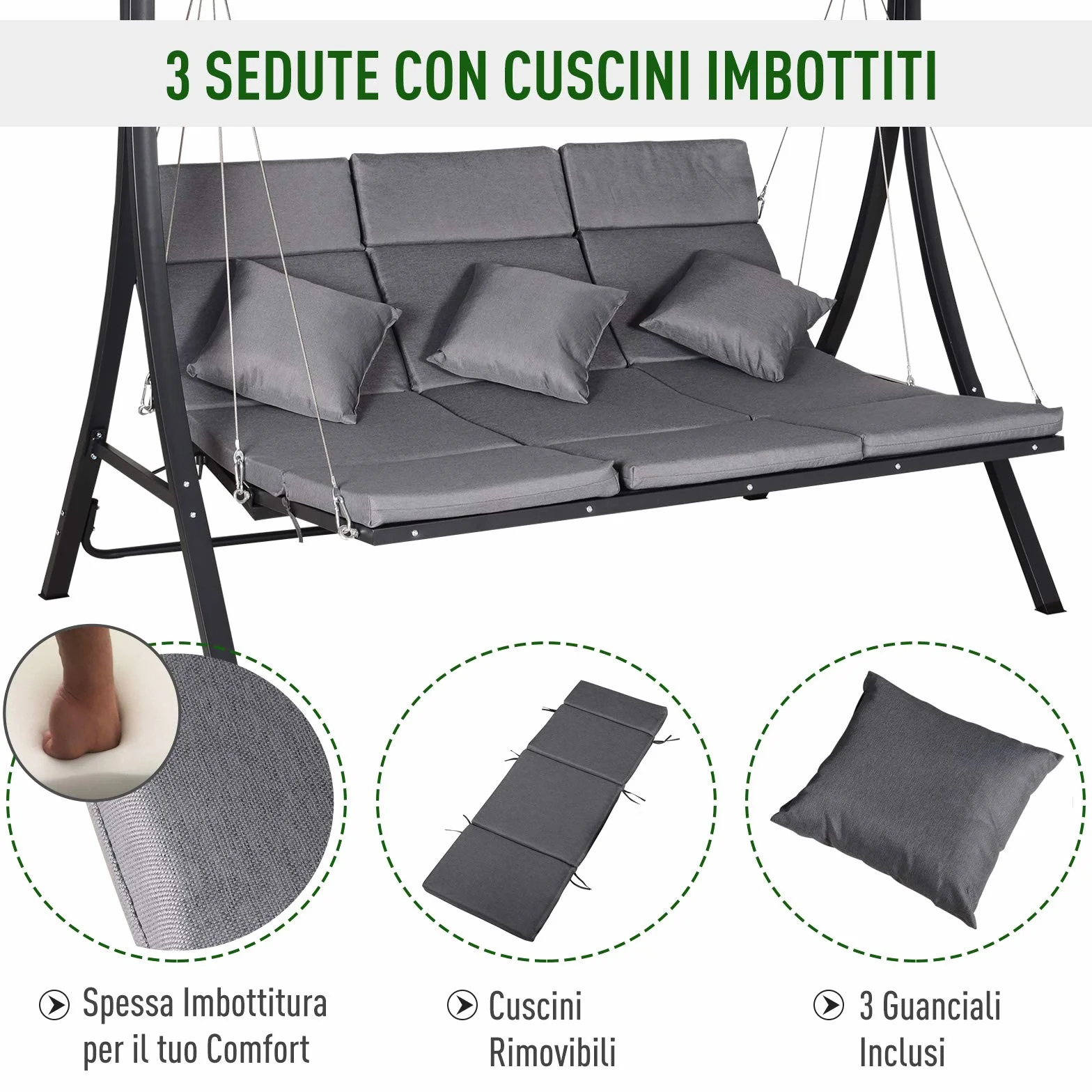 Outsunny Dondolo da Giardino a 3 Posti, Dondolo da Esterno con Chaise Longue e Tetto Regolabile, Nero e Grigio, 200 x 115 x 168 cm