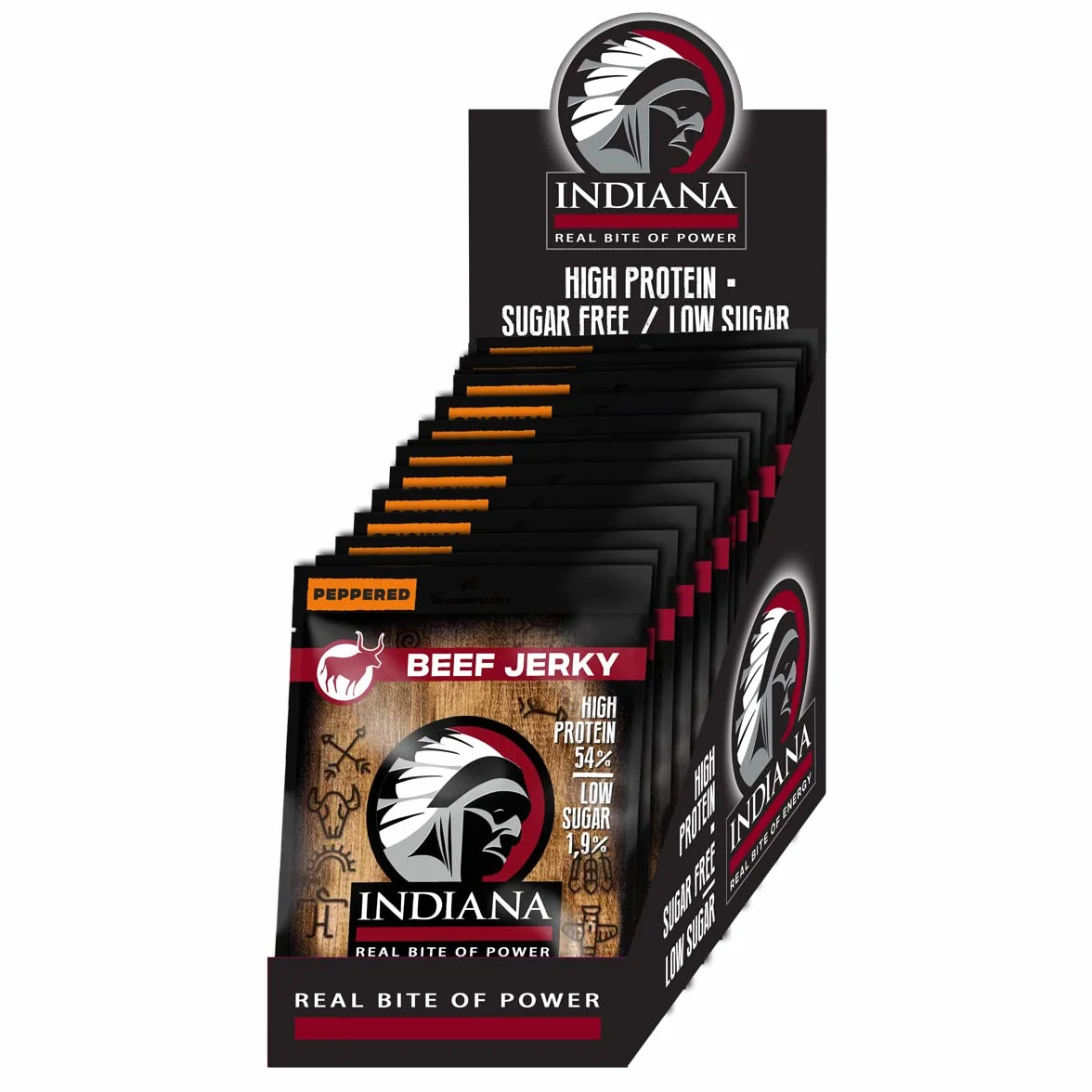 Indiana Jerky Beef Peppered, carne secca ad alto contenuto proteico, senza zuccheri aggiunti, senza glutine (15 pcs x 25g)