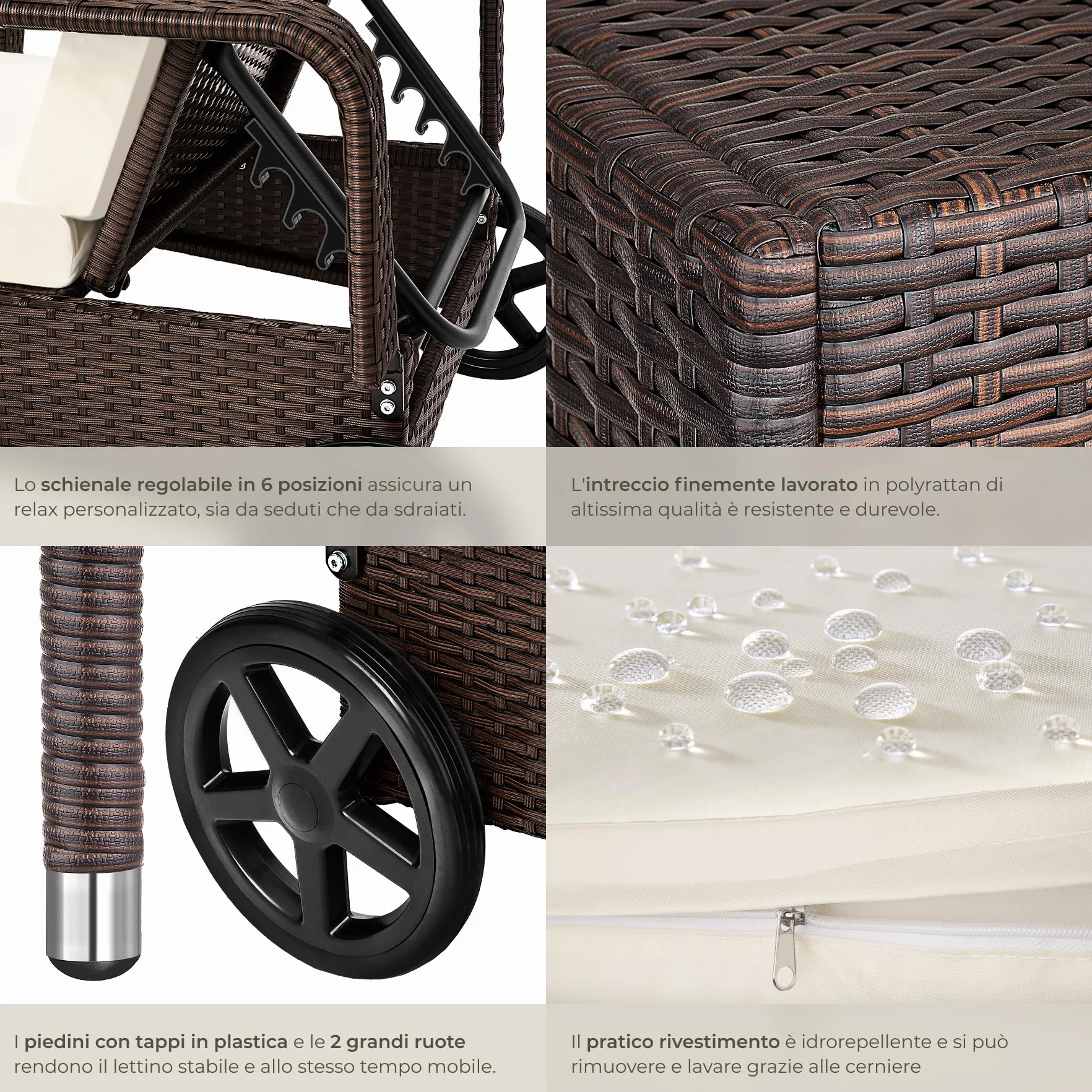 tectake® Lettino Poly Rattan Arredo Esterno Giardino, Sdraio Prendisole, Sdraio da Giardino, Terrazzo, Balcone, Sdraio piscina, Ruote Gommate, Arredo Interno Divano Sedia - Marrone Misto