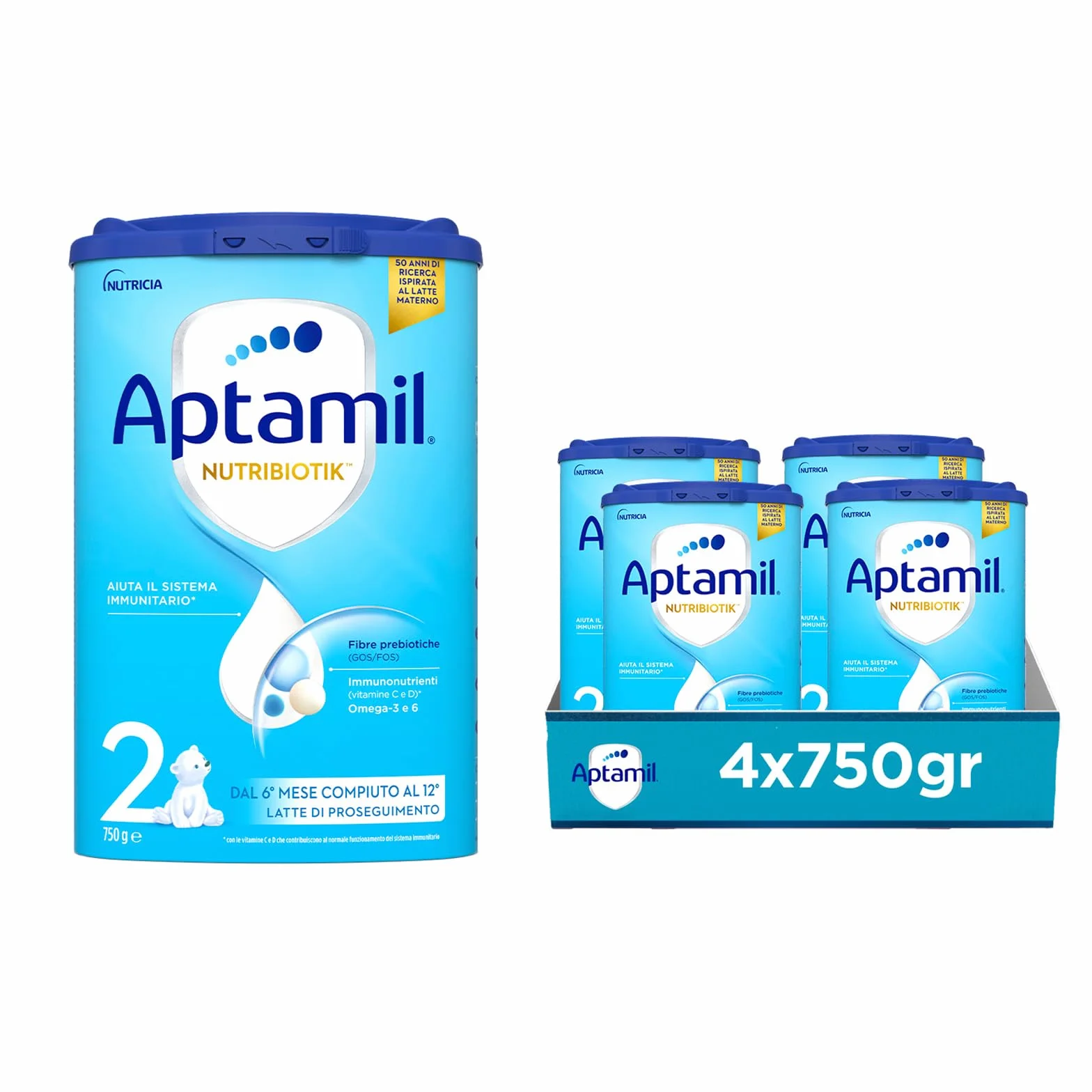 APTAMIL 2 - Latte di Proseguimento in Polvere per Neonati dal 6° mese compiuto al 12° - 4 Confezioni da 750 g
