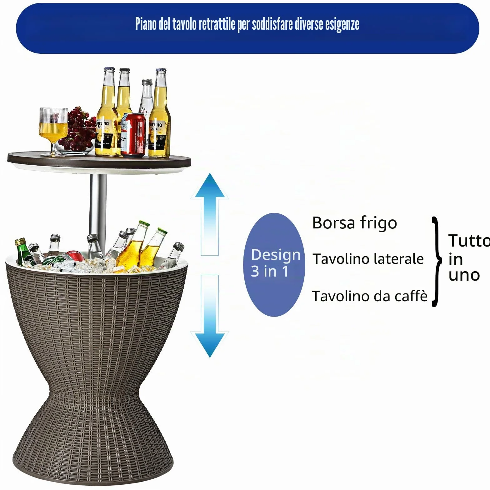 GIANTEX Tavolino da Giardino Allungabile in Polyrattan 30 L, Portaghiaccio per Birra/Cocktail, Tavolino da Bar per Festa Estativa (Marrone)