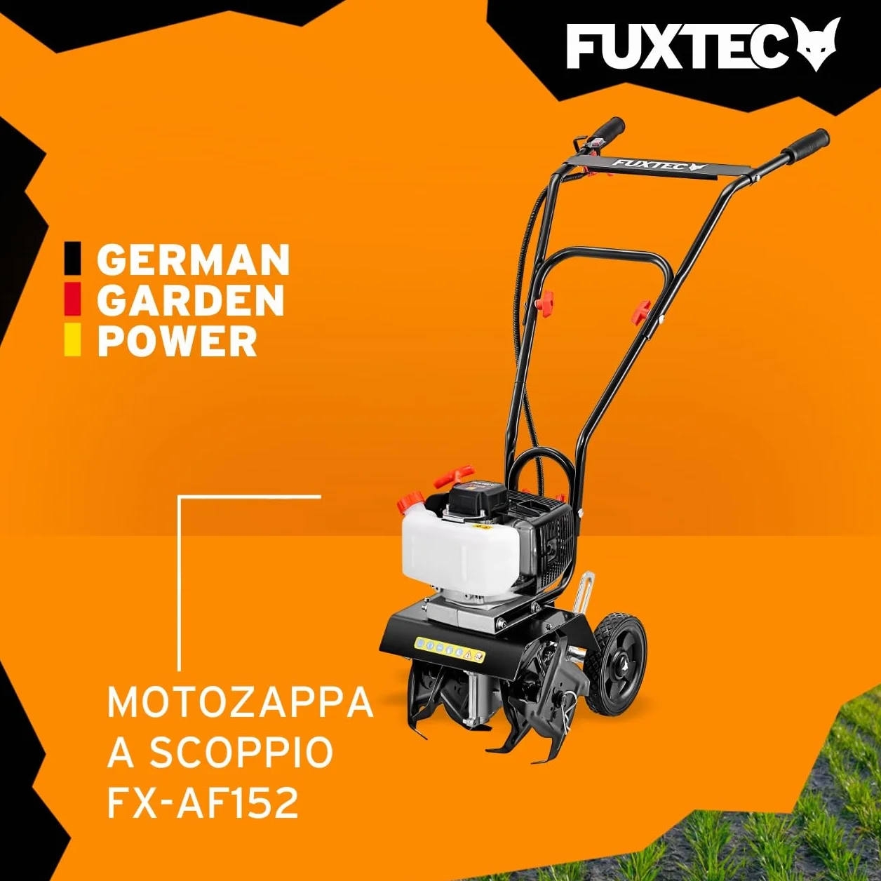 FUXTEC Motozappa a Scoppio FX-AF152 – Potente fresatrice a benzina con motore 2 tempi, larghezza di lavoro 23 cm, cilindrata 51,6 cc, 2 frese da 70 mm, peso netto 14 kg