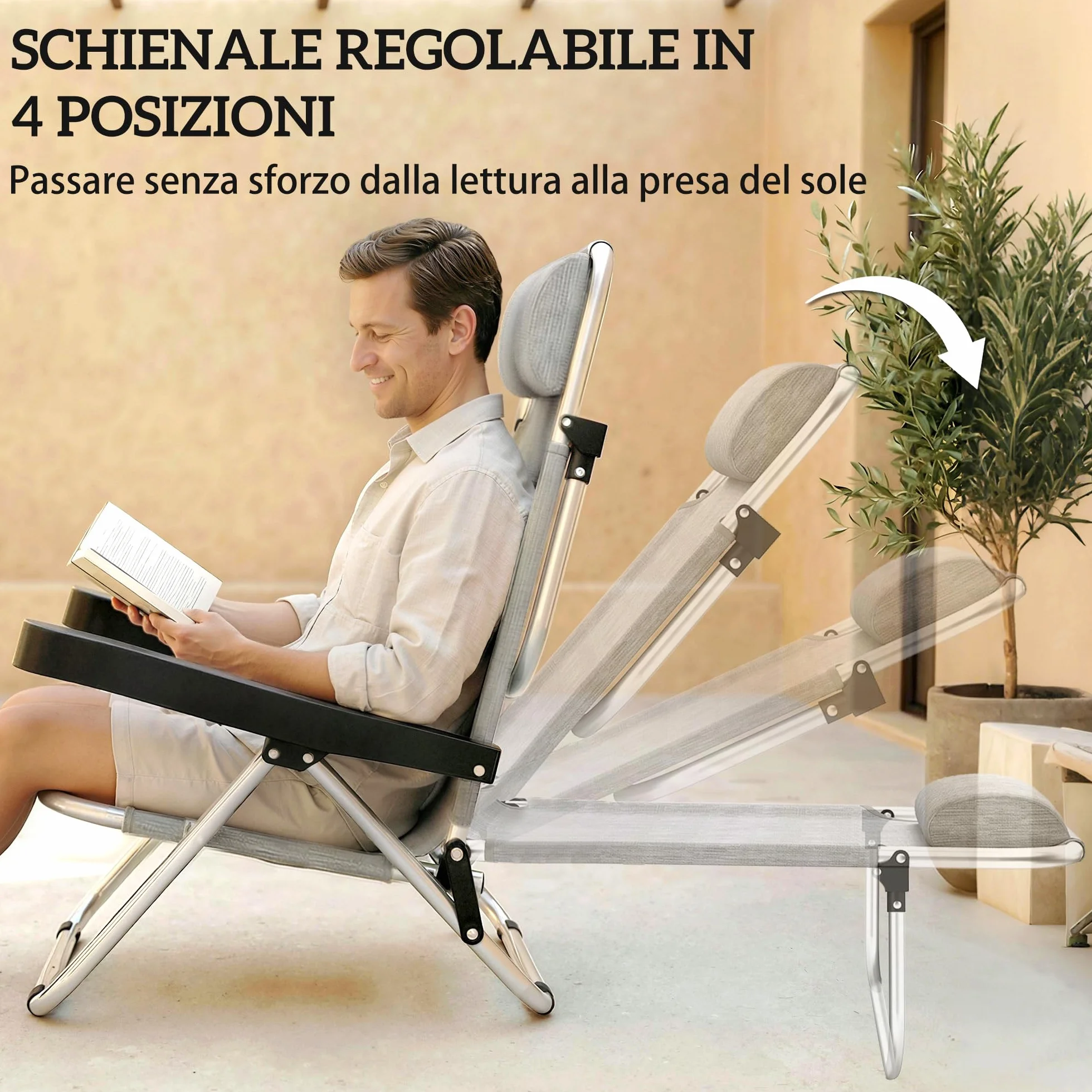 Outsunny Set di 2 Sdraio da Giardino Pieghevole e Reclinabile a 4 Posizioni, Sedia Sdraio da Esterno in Texteline con Telaio in Alluminio e Poggiatesta, Leggera per Giardino Piscina Spiaggia, Grigio