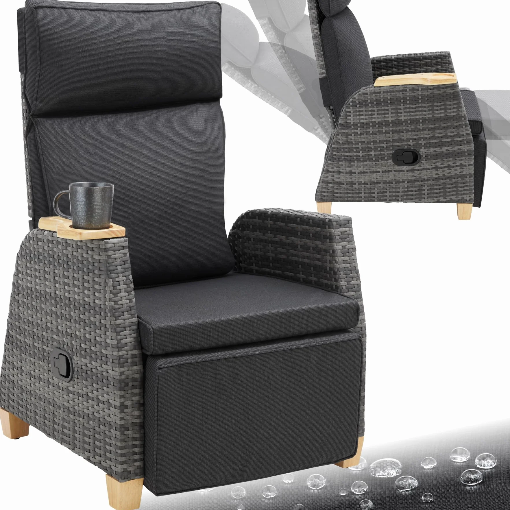 tectake® Poltrona Giardino in Rattan, Poltrona da Esterno con Telaio in Alluminio, Poltroncina Salotto Regolabile, Resistente ai Raggi UV, Comodo Piano d'Appoggio, Design Elegante - Grigio