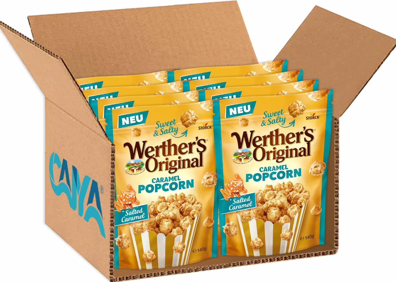 Pop Corn Original Salted Caramel, Popcorn Ricoperti di Caramello Salato (BLUE) per werther's 140g [BOX con 8 Confezioni]