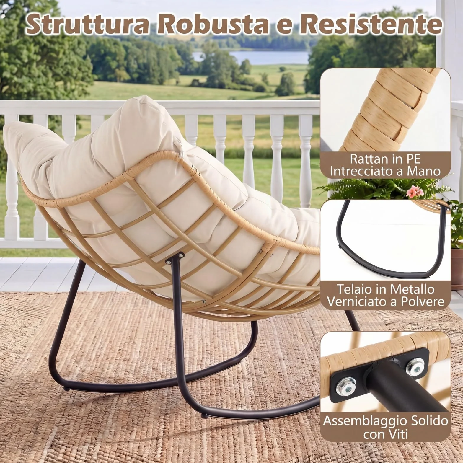 COSTWAY Sedia a Dondolo da Esterno, Poltrona in PE Vimini con Cuscino Rimovibile, Poltrona Relax in Rattan con Struttura in Metallo, per Soggiorno, Balcone, Giardino, Portata 140 kg (Beige)
