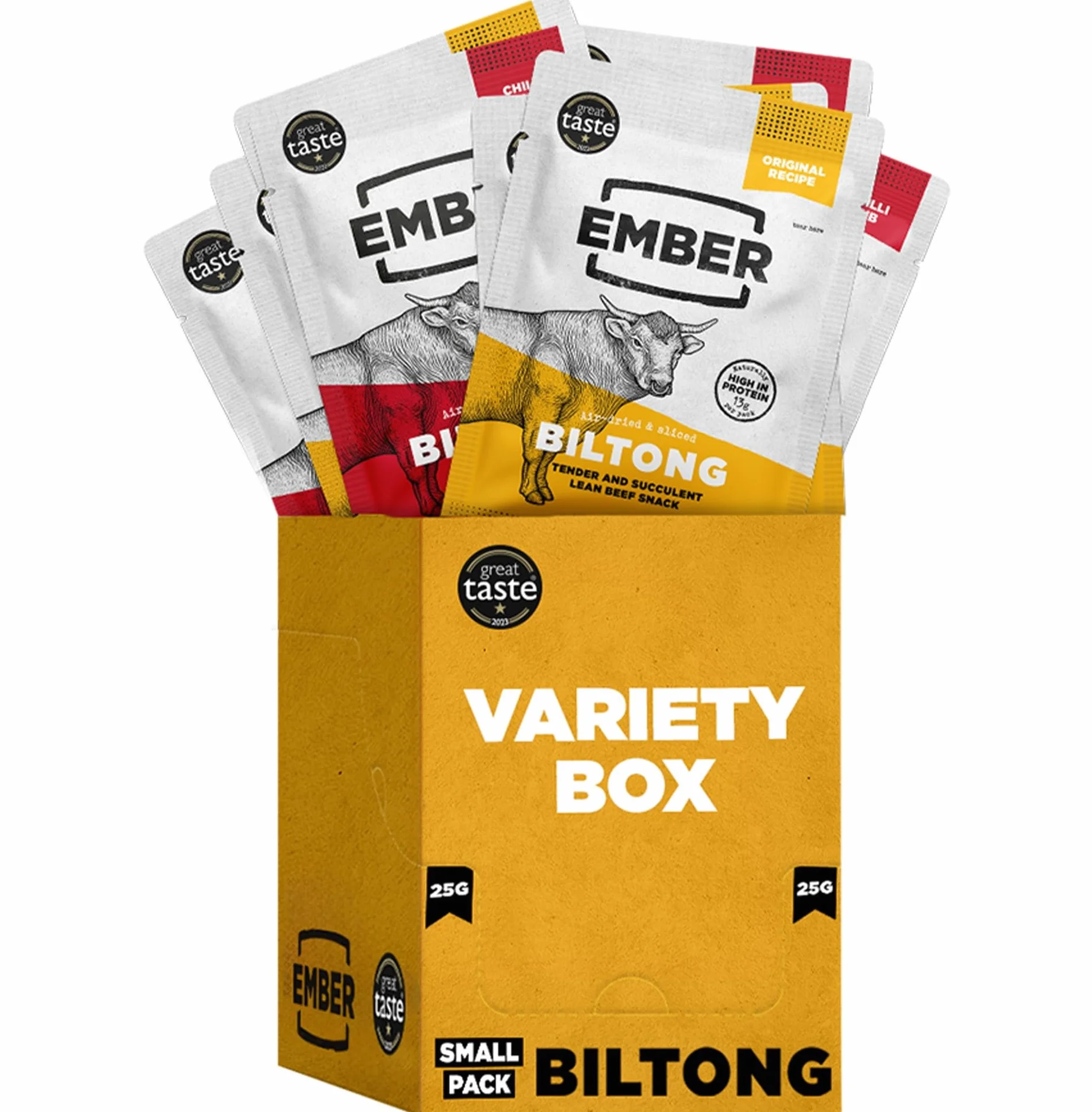 Ember Beef Biltong Varietà 250g - Snack Proteico Jerky di Carne Secca - Pochi Grassi, Senza Zuccheri Aggiunti, Keto, Senza Coloranti o Aromi Artificiali - 10 Bustine da 25g