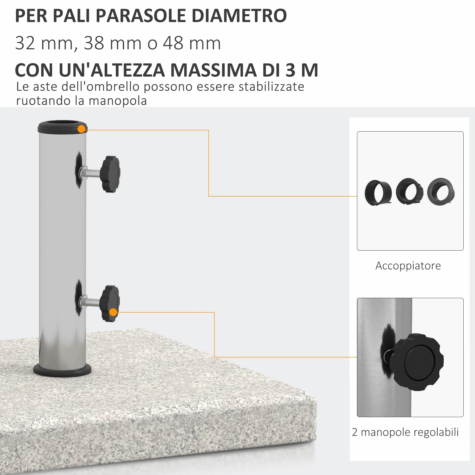 Outsunny Base per Ombrellone da Giardino 25kg per Pali da Ø32mm, Ø38mm e Ø48mm, Base Ombrellone in Granito e Acciaio Inox con Manopole Laterali e Maniglie, 38x38x38 cm, Grigia