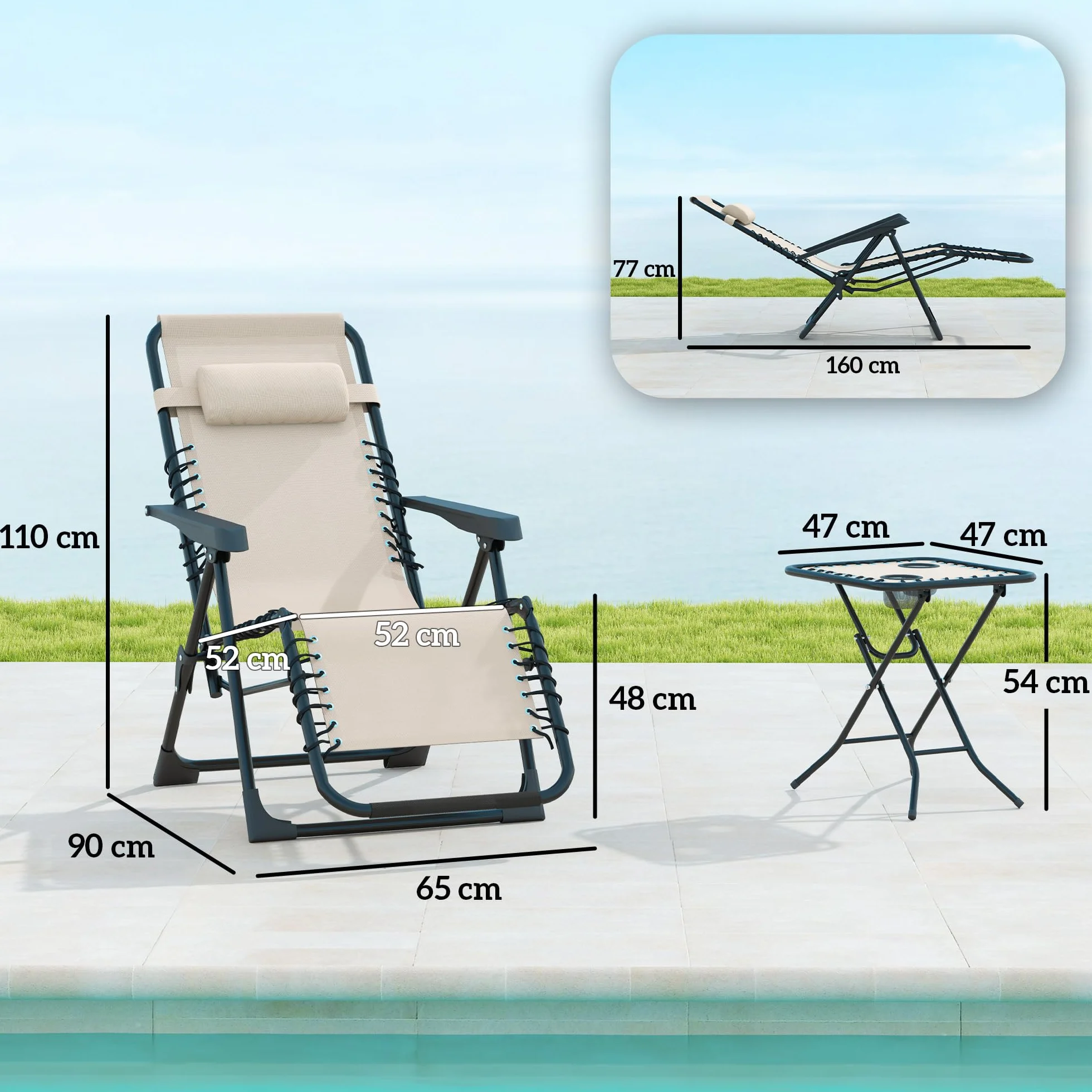 Outsunny Set di 2 Sedie Sdraio da Giardino Zero Gravity e Tavolino con Portabicchieri, Set Sedie Pieghevoli con Poggiatesta e Tessuto Traspirante, Schienale Regolabile a 5 livelli, Beige