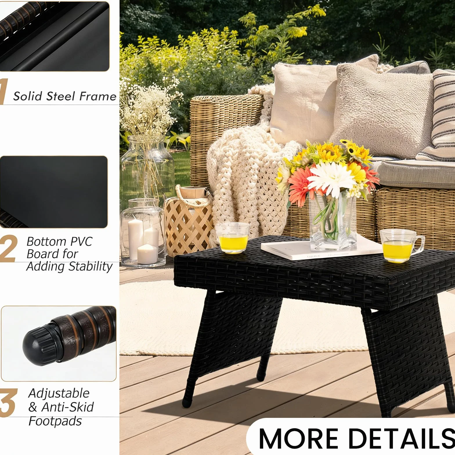 LIFEZEAL Tavolino da salotto pieghevole in rattan, tavolino da esterno con struttura in acciaio 60 x 40 x 40 cm, tavolo da giardino con capacità di carico di 45 kg (nero)