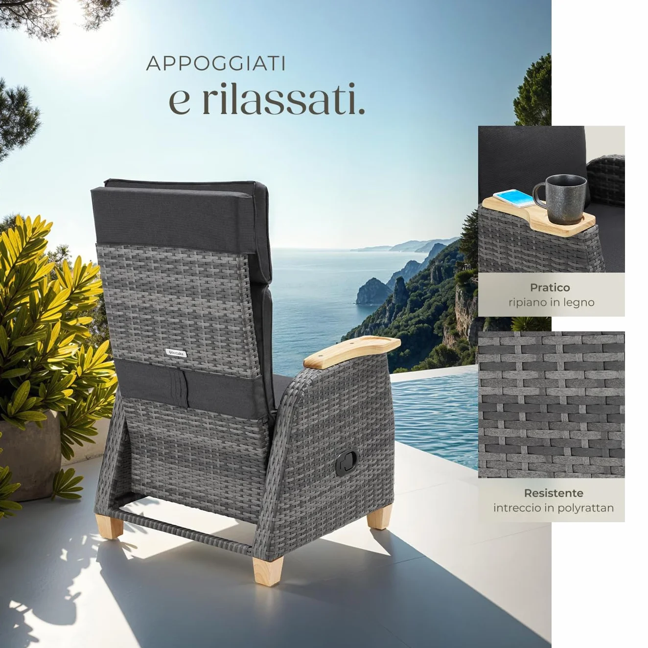 tectake® Poltrona Giardino in Rattan, Poltrona da Esterno con Telaio in Alluminio, Poltroncina Salotto Regolabile, Resistente ai Raggi UV, Comodo Piano d'Appoggio, Design Elegante - Grigio