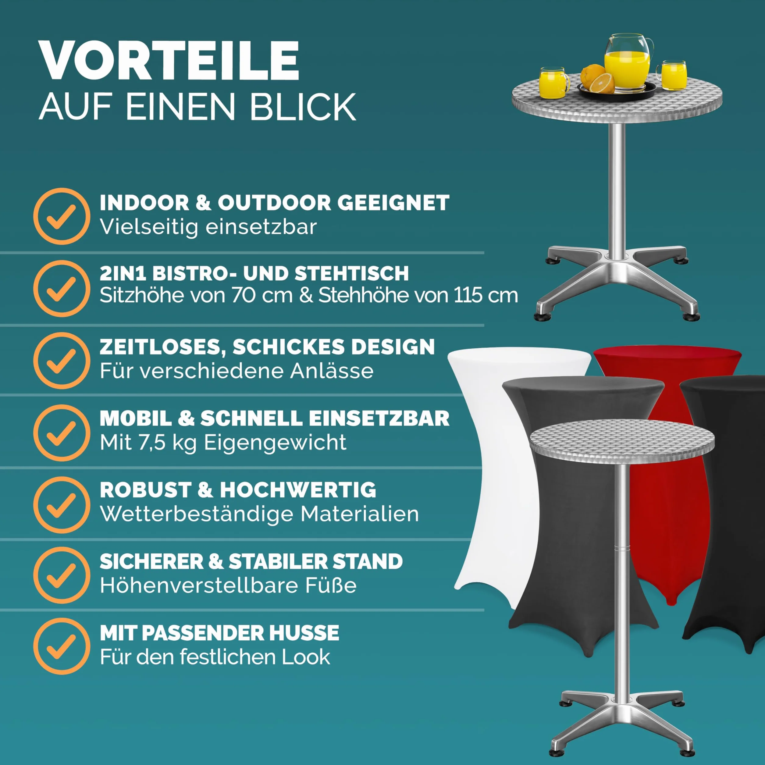 Casaria® Tavolo Alto da Bar 2in1 con Copritavolo Regolabile 70 cm / 115 cm in Alluminio Rotondo Ø60cm Resistente per Giardino Bistro Tavoli da Birreria Feste Ricevimento