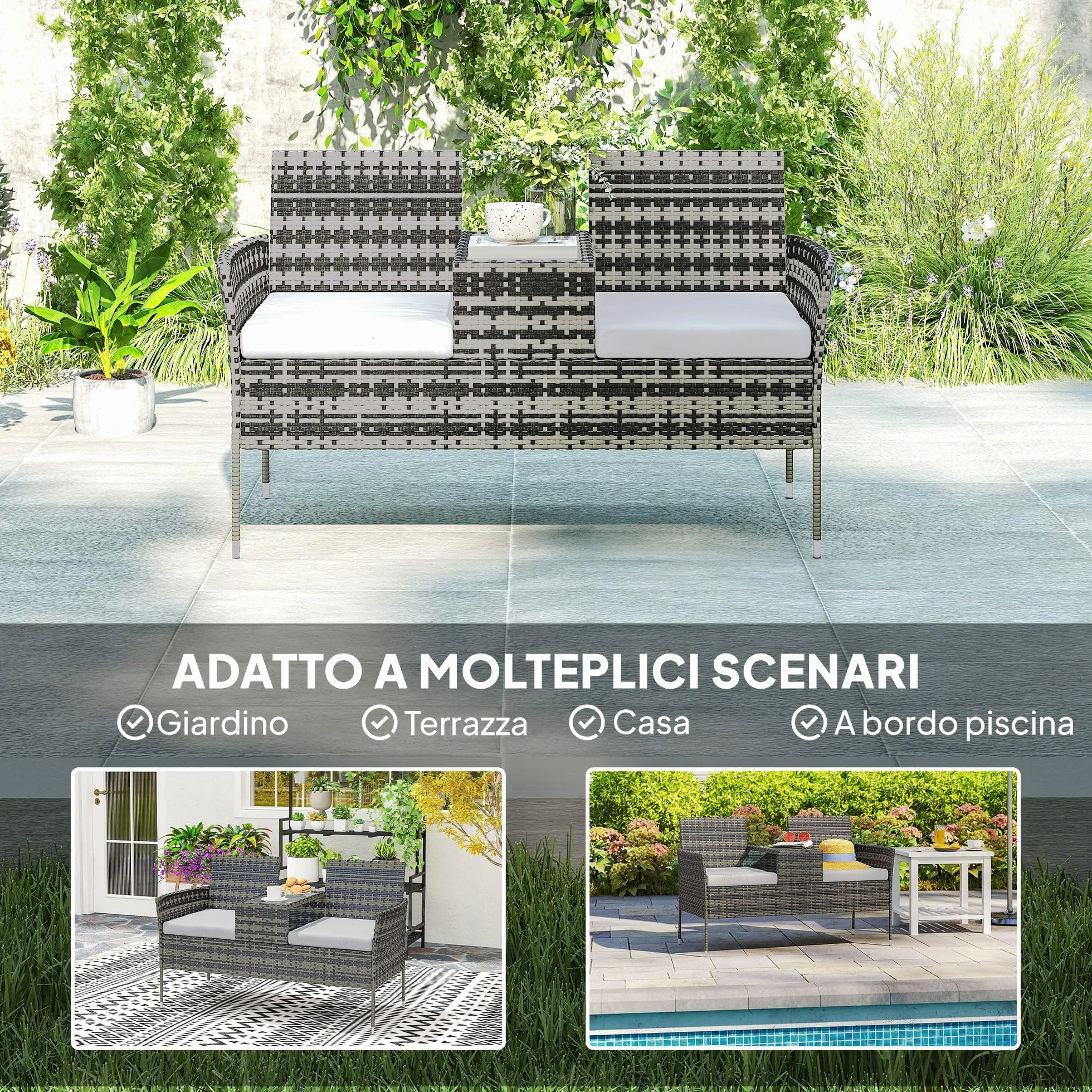 Outsunny Panchina da Giardino a 2 Posti in Rattan e Acciaio, Panchina da Esterno con Cuscini e Tavolino da Caffè Centrale in Vetro Temperato, Divano da Esterno, 135x64x81 cm, Grigio Scuro