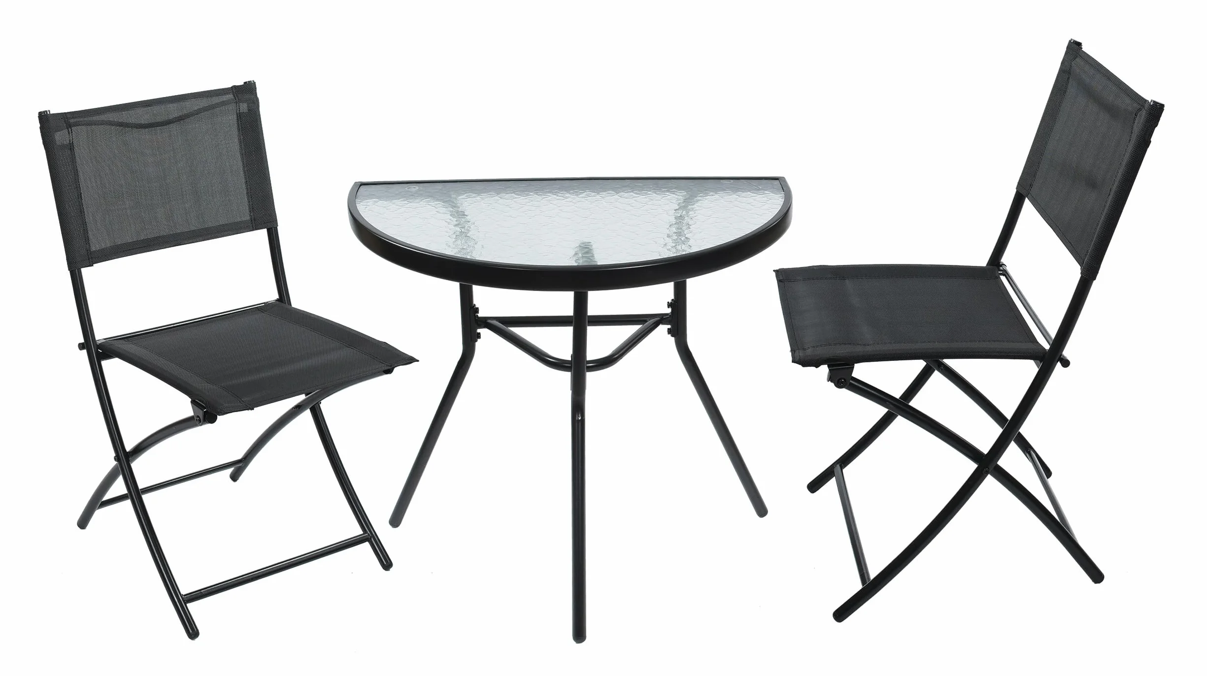JUMI Pratico tavolo da giardino 70 x 64 x 40 cm - Tavolo da balcone semicircolare per balcone, terrazza, giardino, campeggio, tavolo compatto con piano in vetro, telaio in metallo, colore nero
