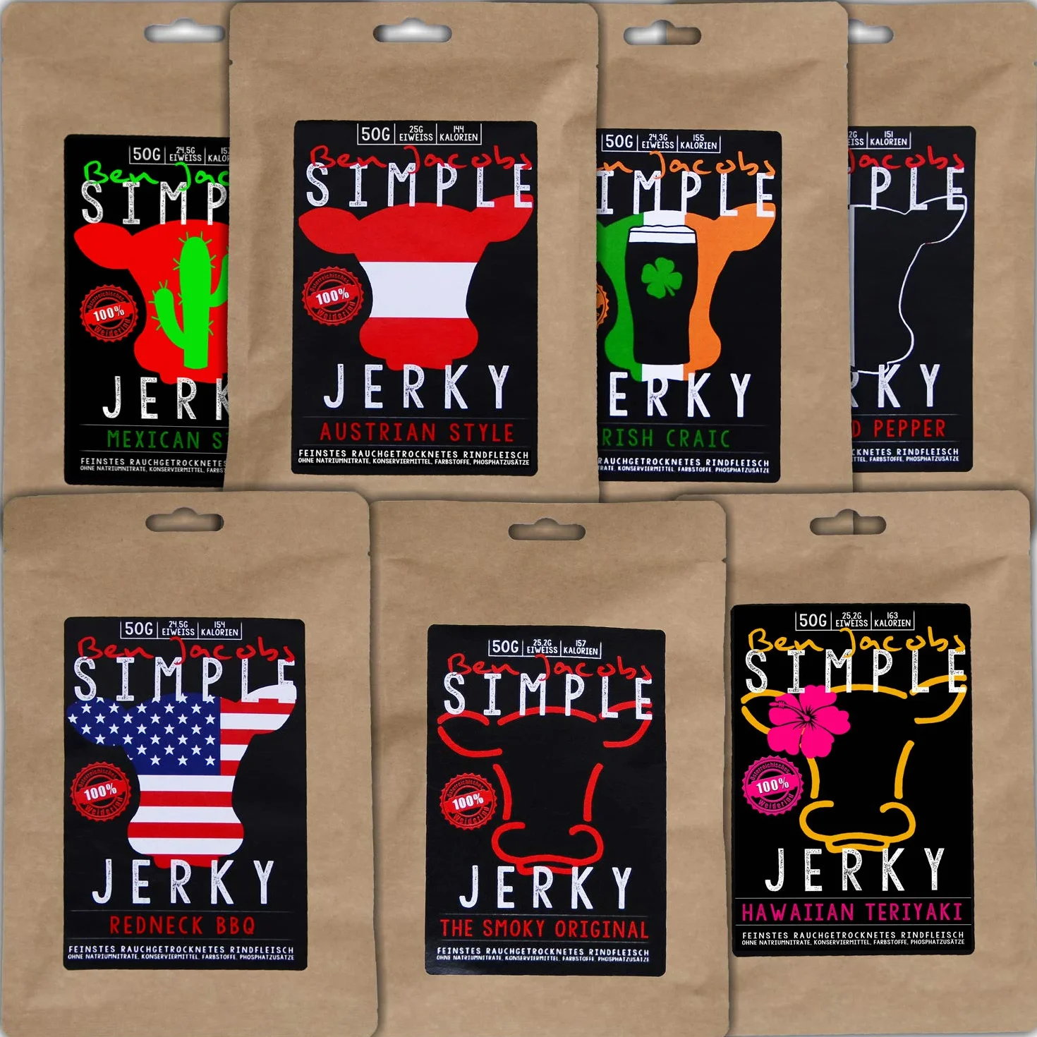 Beef Jerky Scatola di Campioni, 5 x 50g, La carne secca numero 1 in Austria, senza additivi, senza conservanti