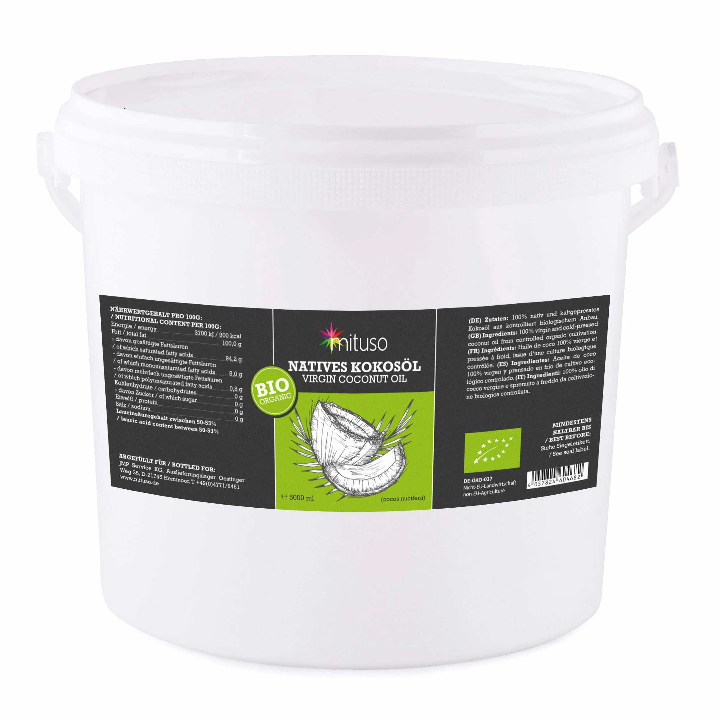 mituso olio di cocco biologico, nativo, confezione da 1 (1 x 5L) in un secchio