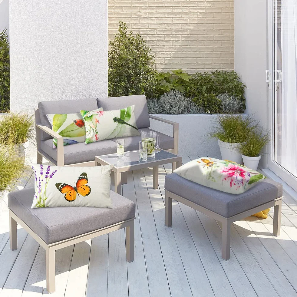 Artscope, confezione da 4 federe per cuscini impermeabili da 30x51 cm, decorative, per primavera, per esterni, patio, giardino, soggiorno, divano, decorazione rustica (insetti e piante)