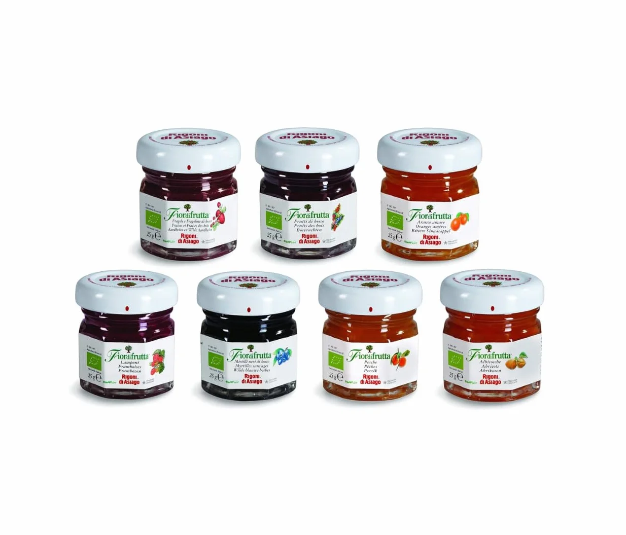 Rigoni di Asiago - Marmellate BIOLOGICHE Monodose Assortite in 7 gusti, 28 pezzi x gr. 25 Ognuno. Barattolini di Vetro Monoporzione, 2.92 kg
